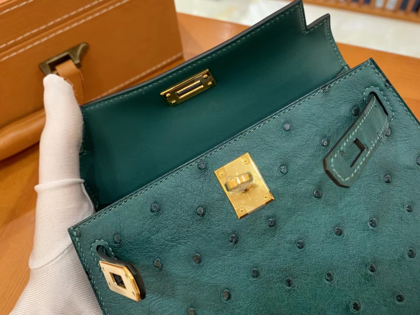 HERMES 爱马仕 Mini kelly 二代 南非KK级鸵鸟皮 Ostrich 67 Vert Fonce 祖母绿 进口蜜蜡线 全手工制作