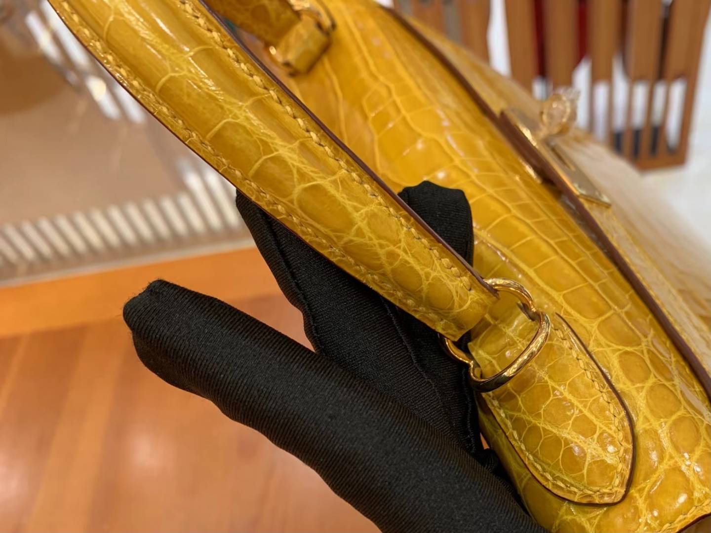 HERMES 爱马仕 Kelly 28cm 9D 琥珀黄 银扣一级尼罗鳄鱼皮“••”进口蜜蜡线 全手工制作