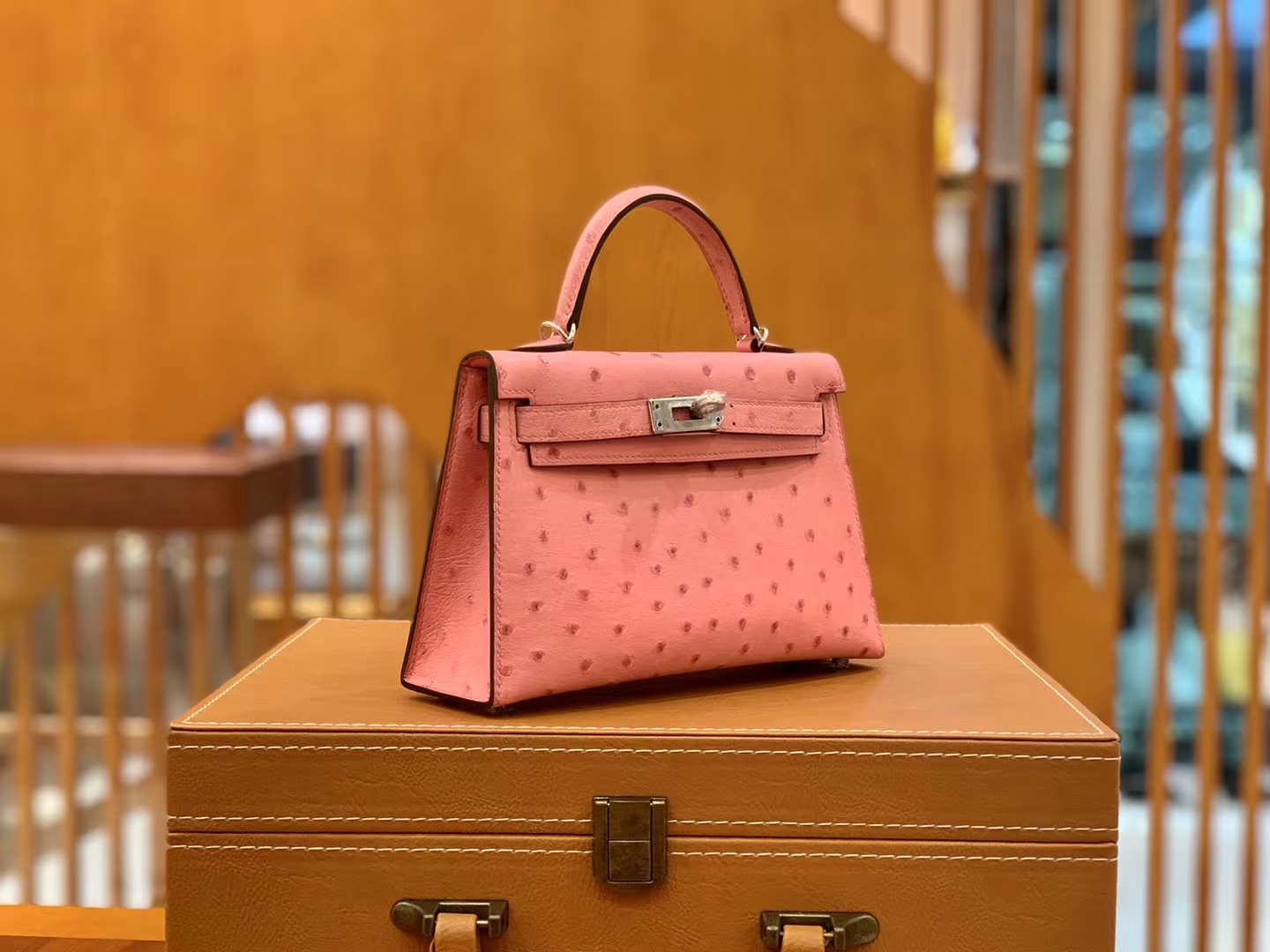 HERMES 爱马仕 Mini kelly 二代 南非KK级鸵鸟皮 Ostrich 3Q 樱花粉 进口蜜蜡线 全手工制作