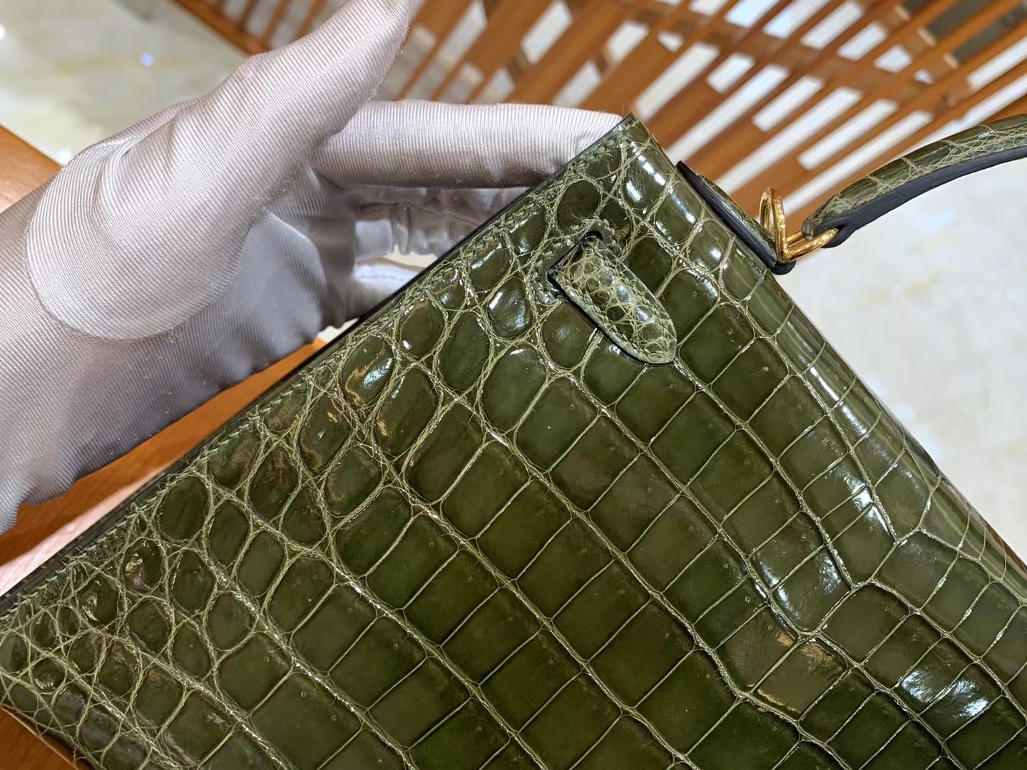 HERMES 爱马仕 Kelly 25cm 61 Vert Olive橄榄绿 金扣 一级美洲鳄鱼皮“□” 进口蜜蜡线 全手工制作