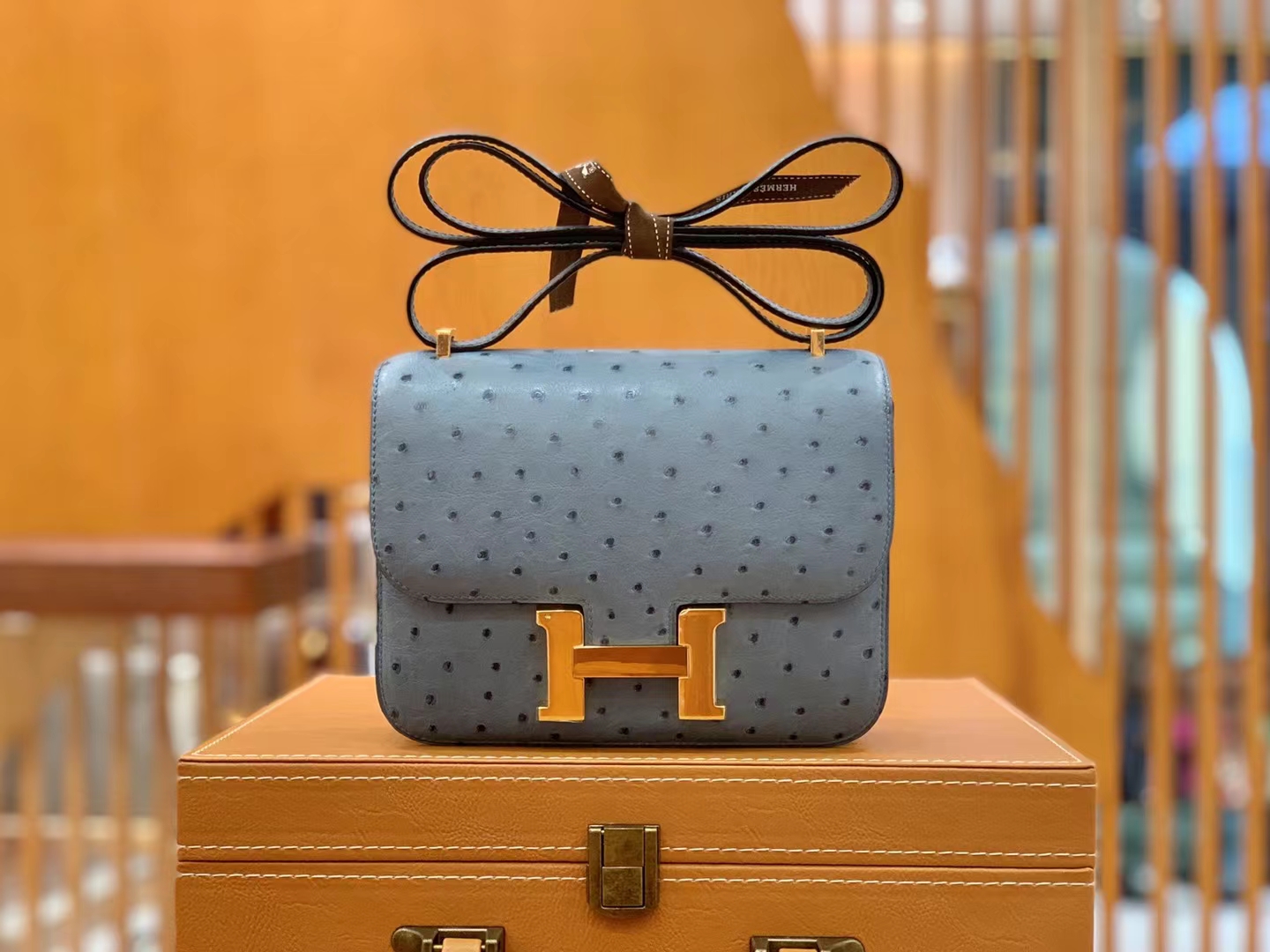HERMES 爱马仕 Constance 空姐包 19cm 南非KK鸵鸟皮 Ostrich 75 Blue Jean牛仔蓝 进口蜜蜡线 全手工制作