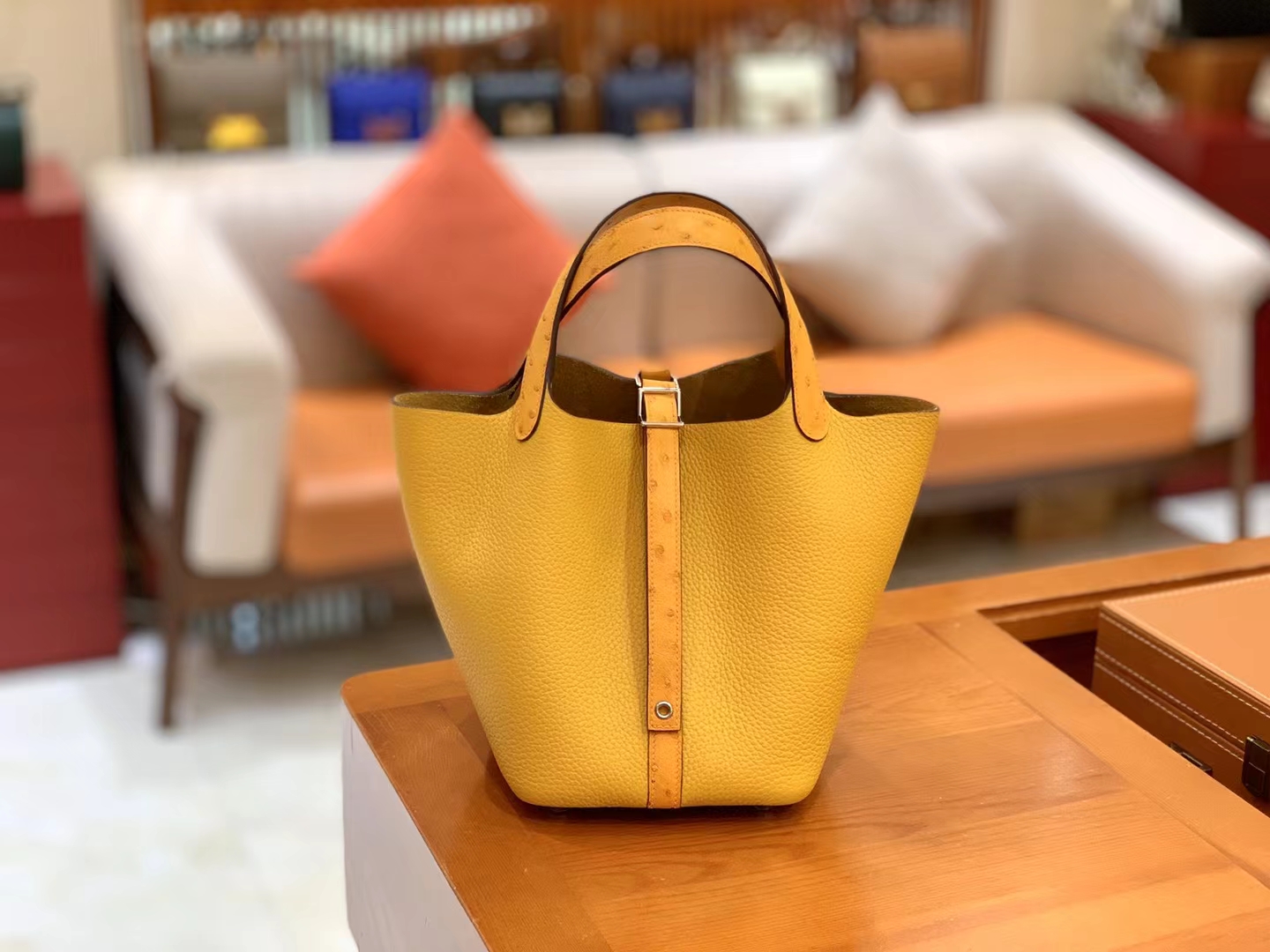HERMES 爱马仕 Picotin 18cm 9D 琥珀黄 银扣 进口鸵鸟皮拼TC大牛皮 进口蜜蜡线 全手工制作