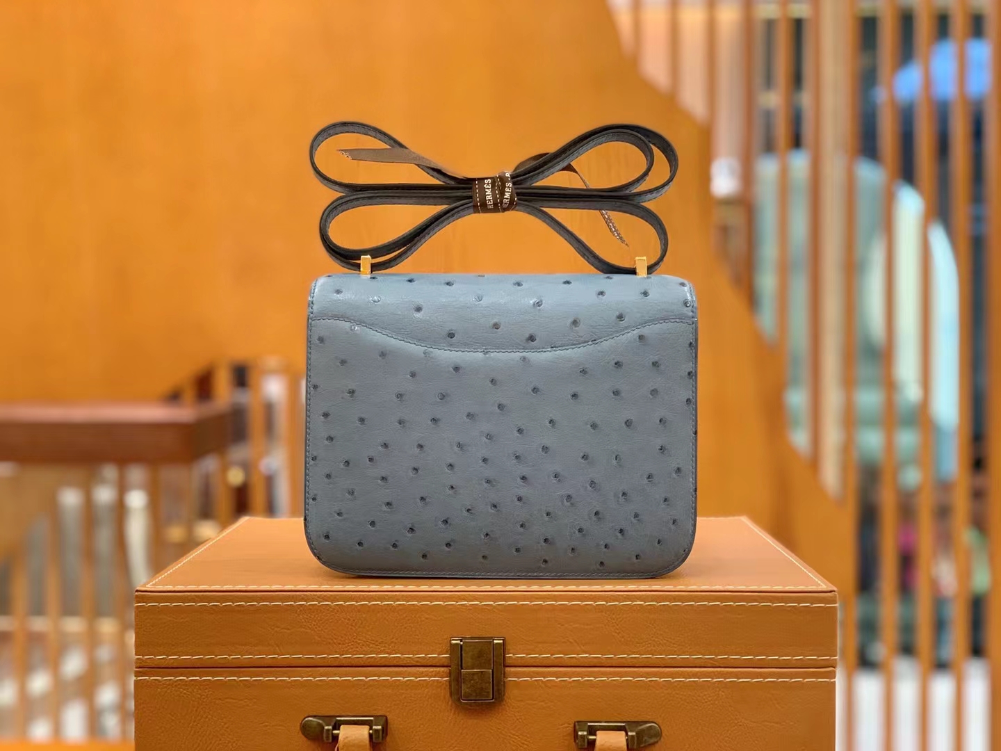 HERMES 爱马仕 Constance 空姐包 19cm 南非KK鸵鸟皮 Ostrich 75 Blue Jean牛仔蓝 进口蜜蜡线 全手工制作
