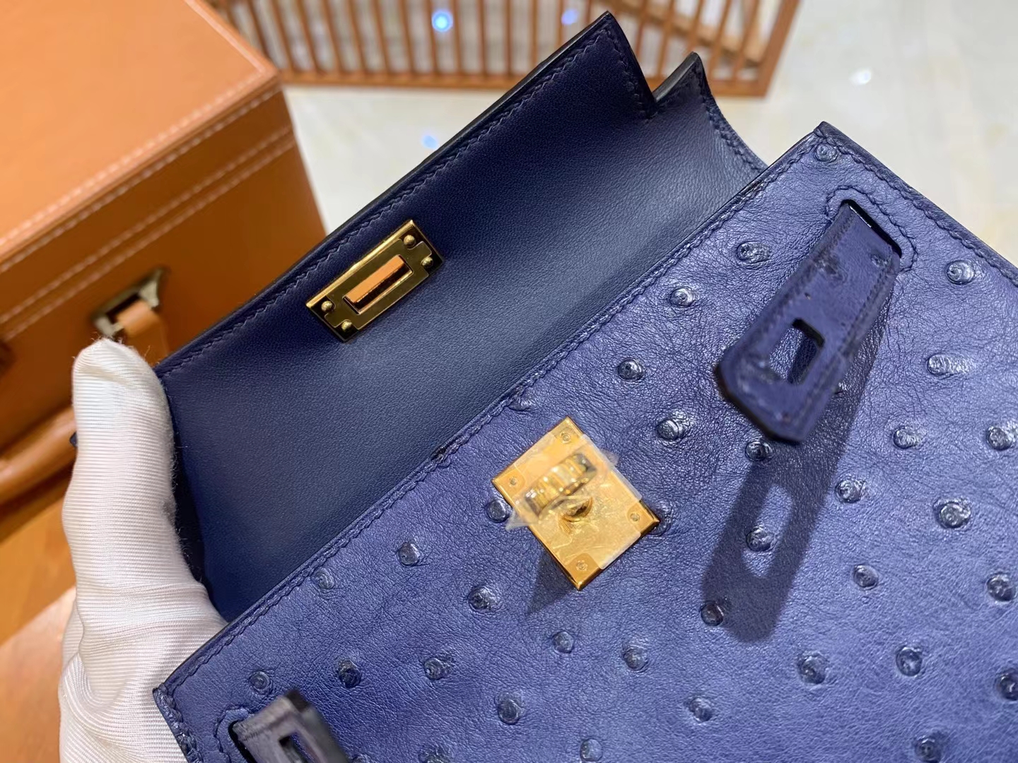 HERMES 爱马仕 Mini kelly 二代 南非KK级鸵鸟皮 Ostrich  7L马耳他蓝 进口蜜蜡线 全手工制作