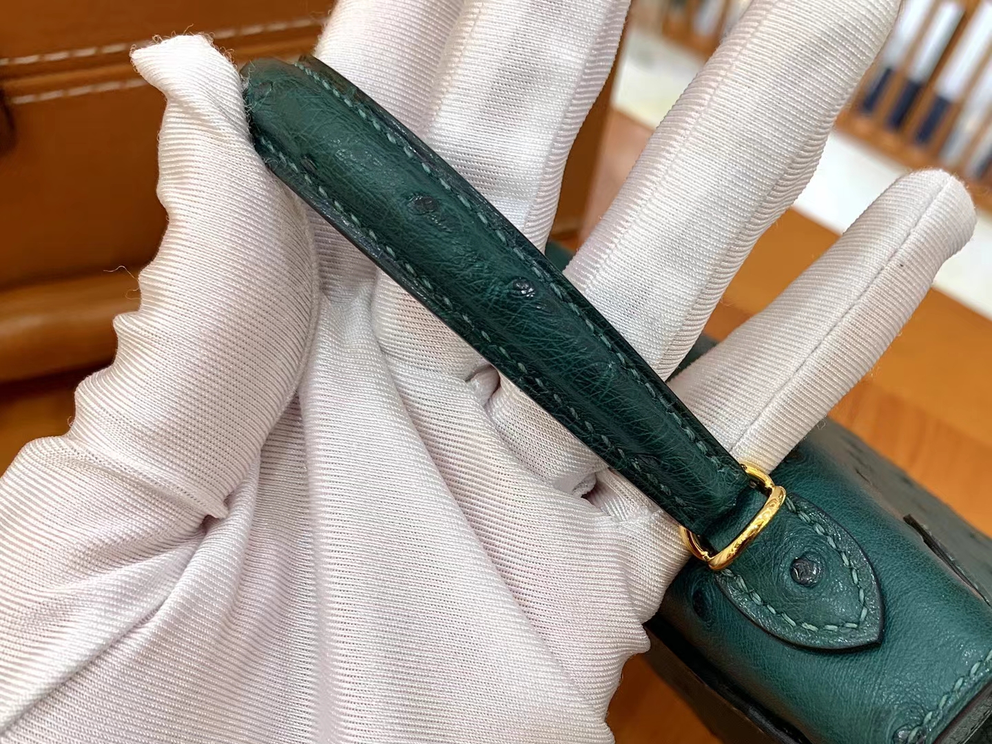 HERMES 爱马仕 Mini kelly 二代 南非KK级鸵鸟皮 Ostrich 67 Vert Fonce 祖母绿 进口蜜蜡线 全手工制作