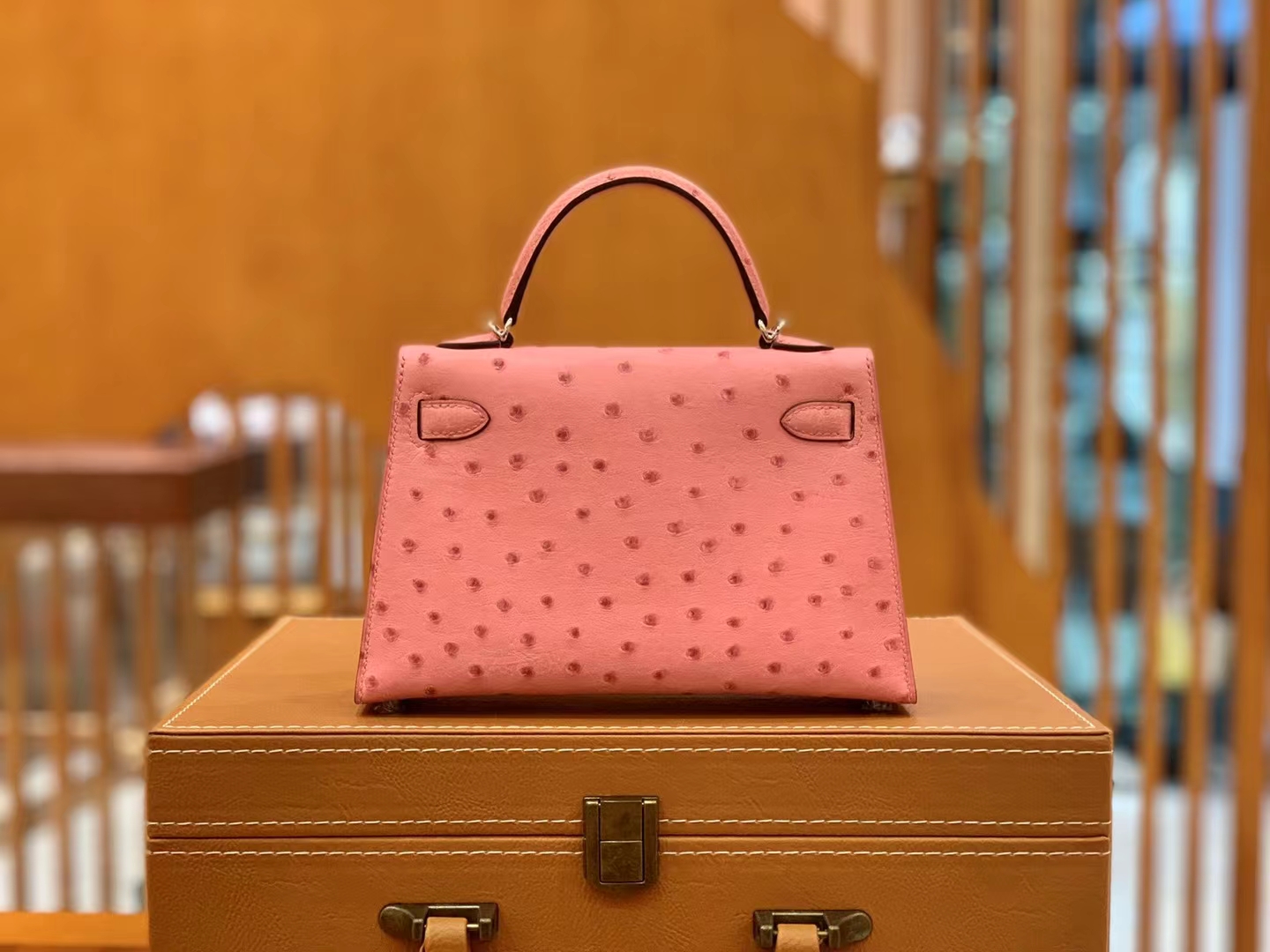 HERMES 爱马仕 Mini kelly 二代 南非KK级鸵鸟皮 Ostrich 3Q 樱花粉 进口蜜蜡线 全手工制作
