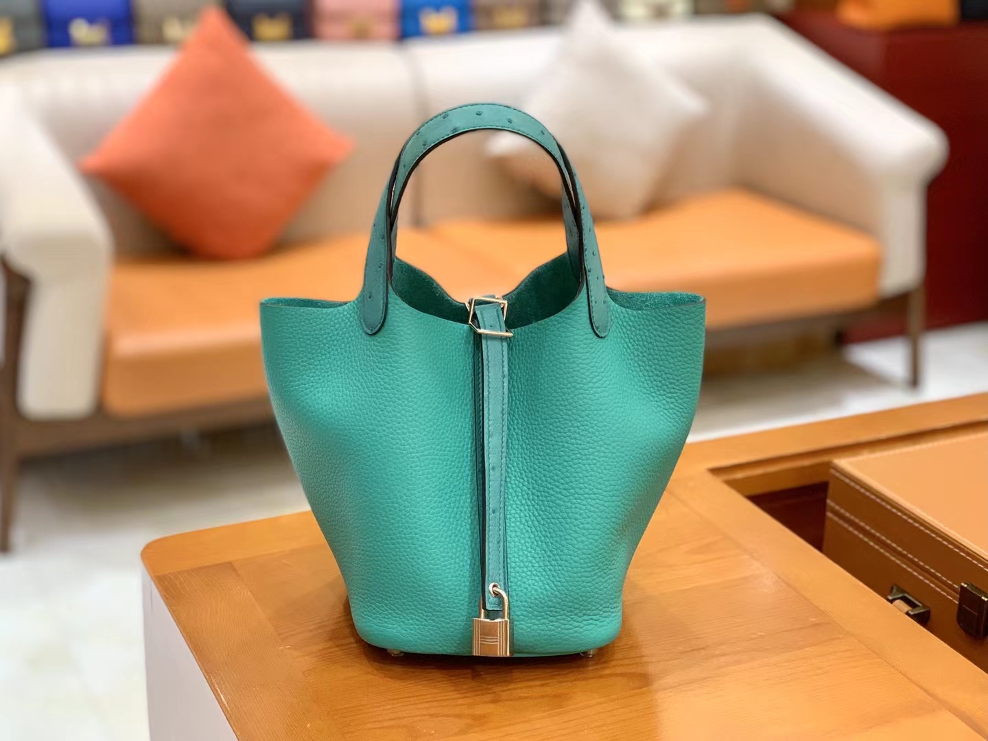 HERMES 爱马仕 Picotin 18cm U1 维罗纳绿 银扣 进口鸵鸟皮拼TC大牛皮 进口蜜蜡线 全手工制作