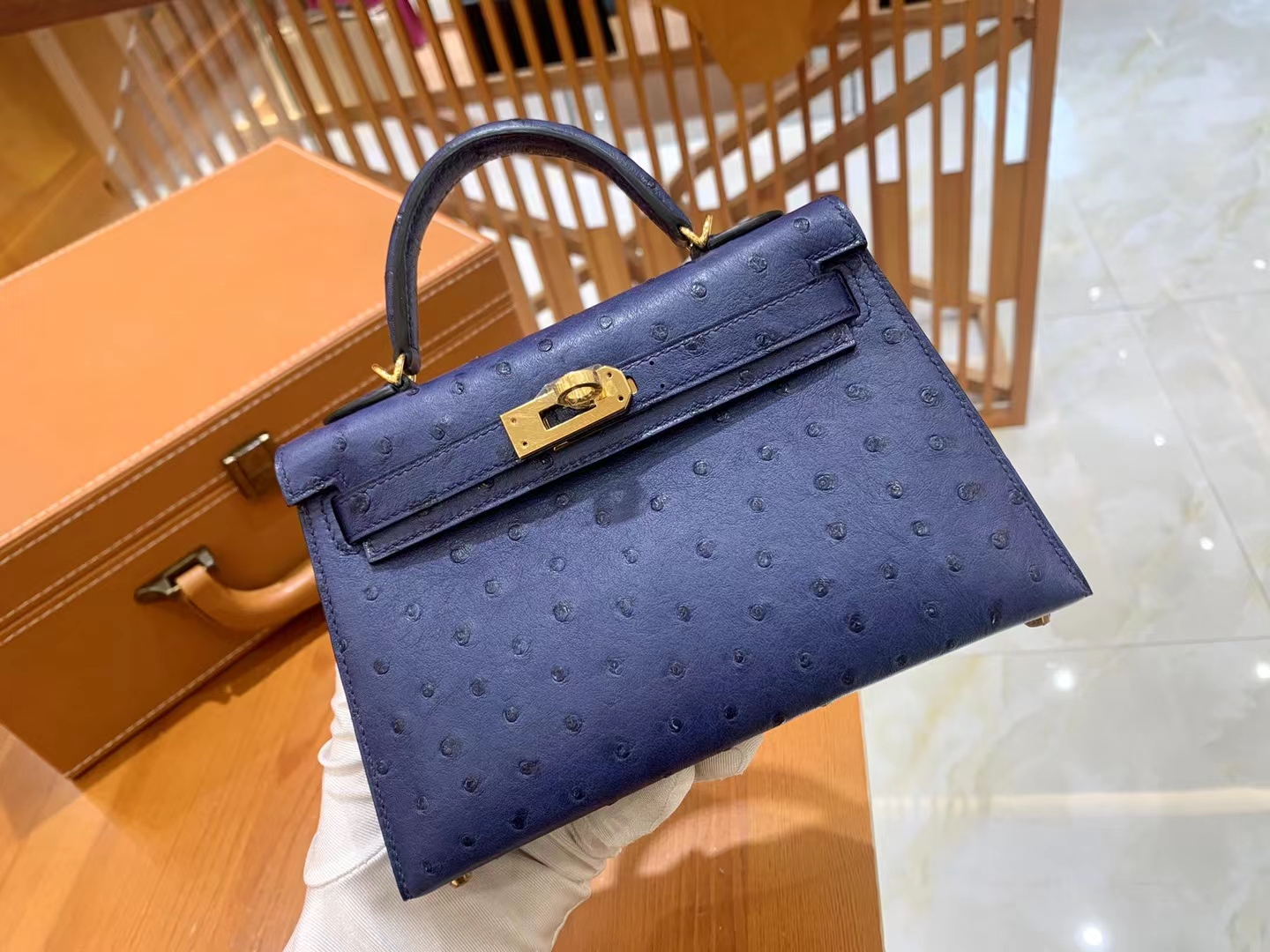 HERMES 爱马仕 Mini kelly 二代 南非KK级鸵鸟皮 Ostrich  7L马耳他蓝 进口蜜蜡线 全手工制作