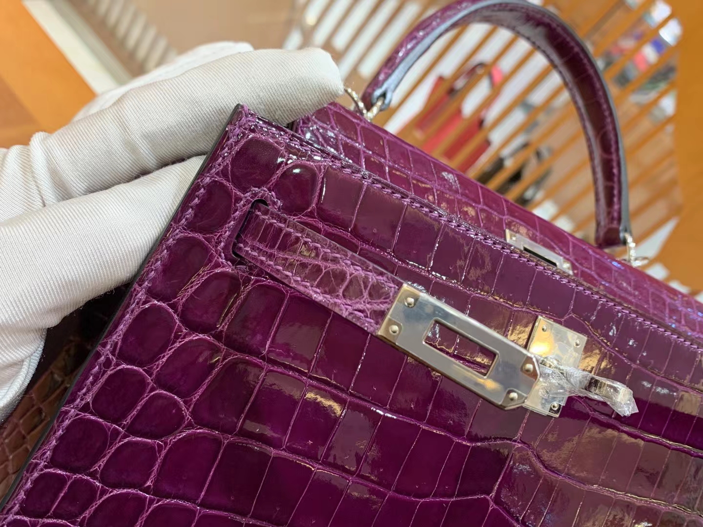 HERMES 爱马仕 Kelly 25cm 9G Amethyst 水晶紫 金扣 一级美洲鳄鱼皮“□” 进口蜜蜡线 全手工制作