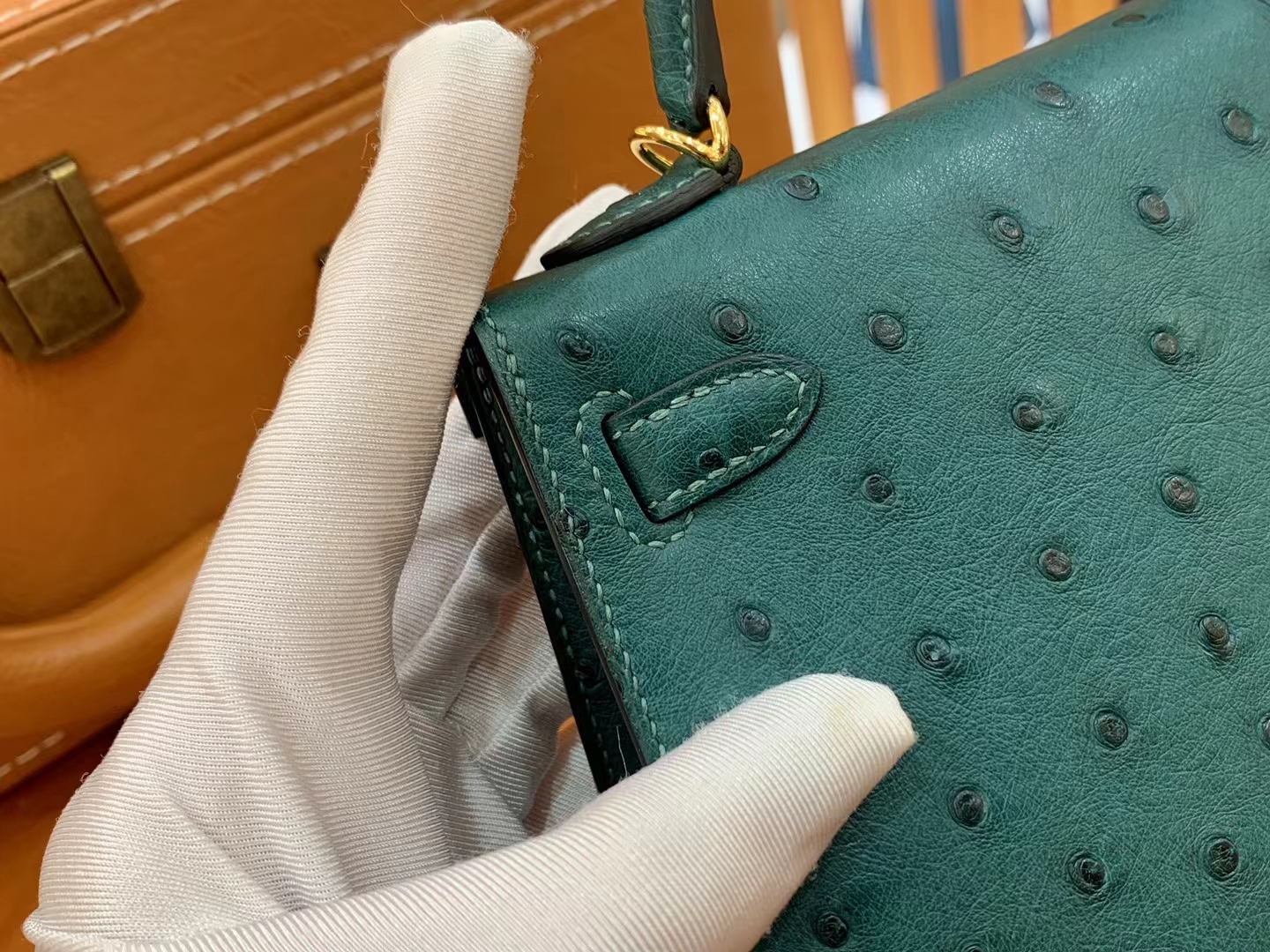 HERMES 爱马仕 Mini kelly 二代 南非KK级鸵鸟皮 Ostrich 67 Vert Fonce 祖母绿 进口蜜蜡线 全手工制作