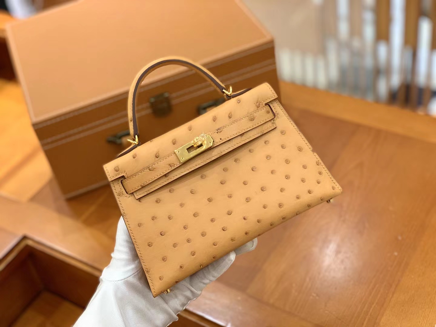HERMES 爱马仕 Mini kelly 二代 南非KK级鸵鸟皮 Ostrich CK37 金棕色 太妃金 进口蜜蜡线 全手工制作