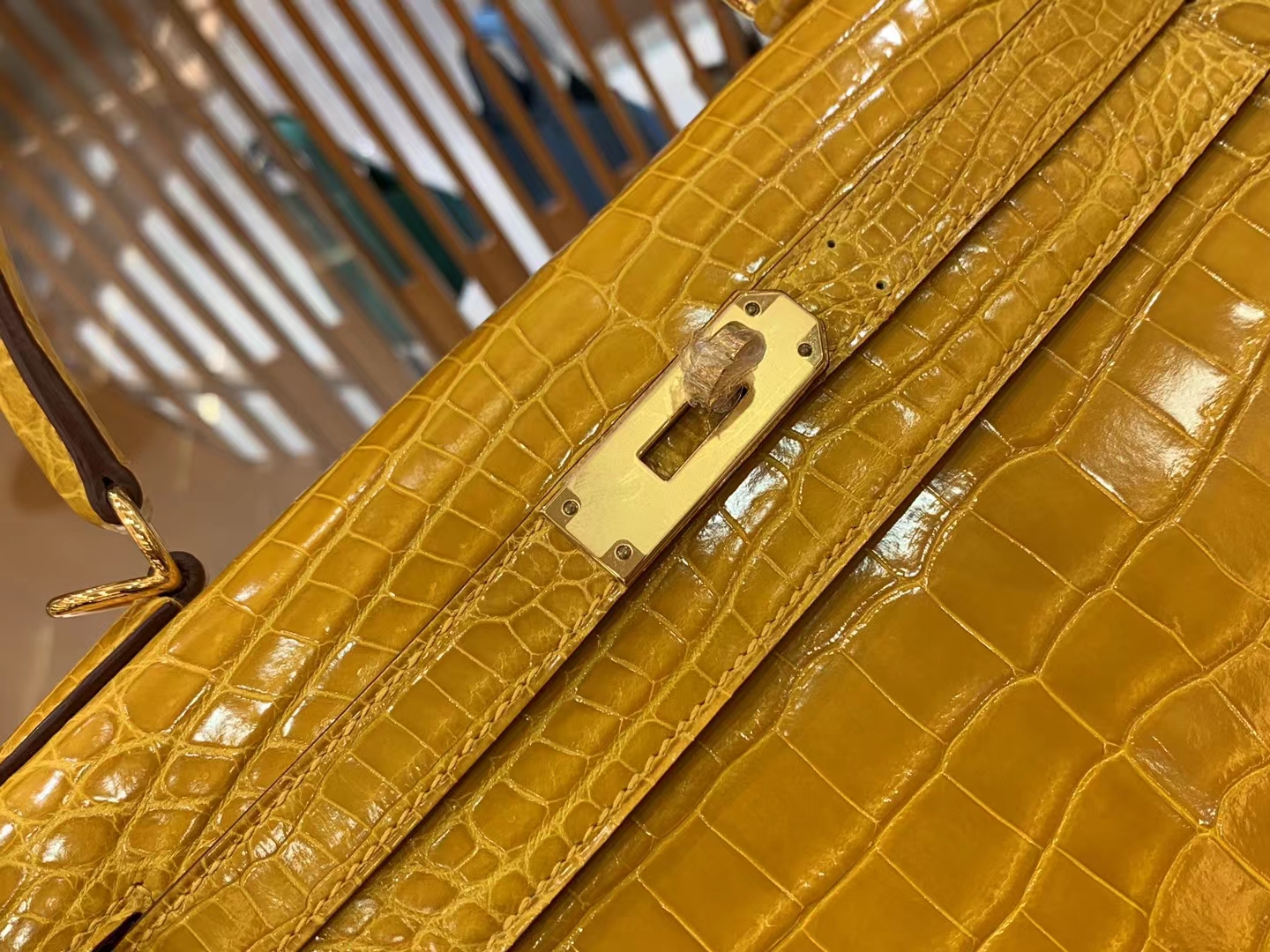 HERMES 爱马仕 Kelly 28cm 9D 琥珀黄 银扣一级尼罗鳄鱼皮“••”进口蜜蜡线 全手工制作