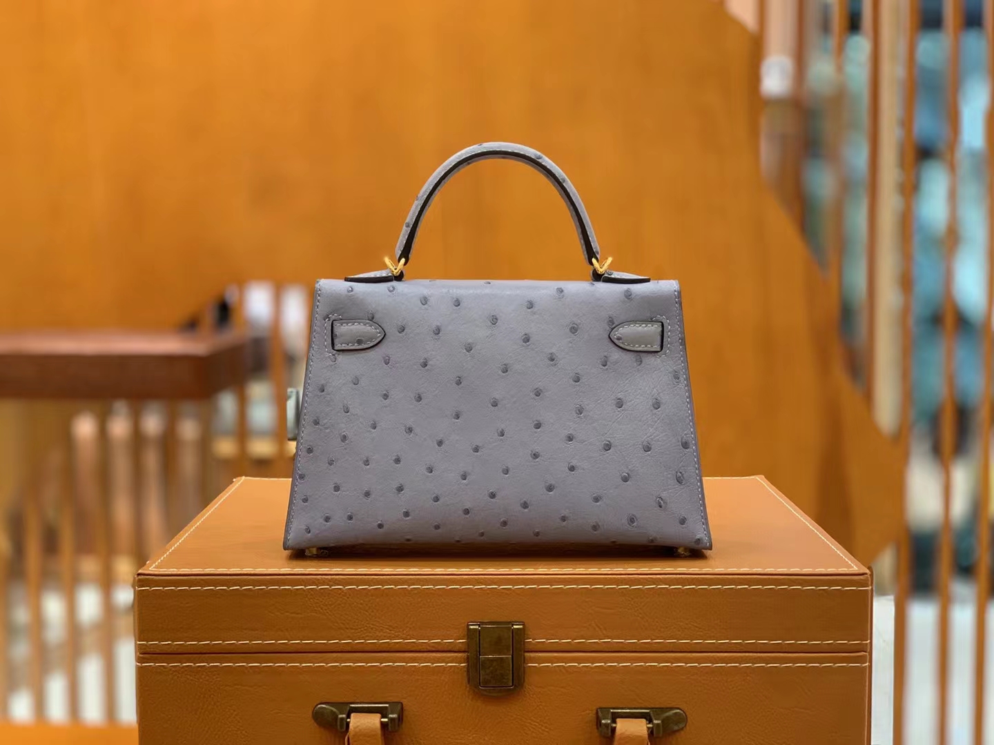 HERMES 爱马仕 Mini kelly 二代 南非KK级鸵鸟皮 Ostrich 8U Bleu Glacler 冰川蓝 进口蜜蜡线 全手工制作