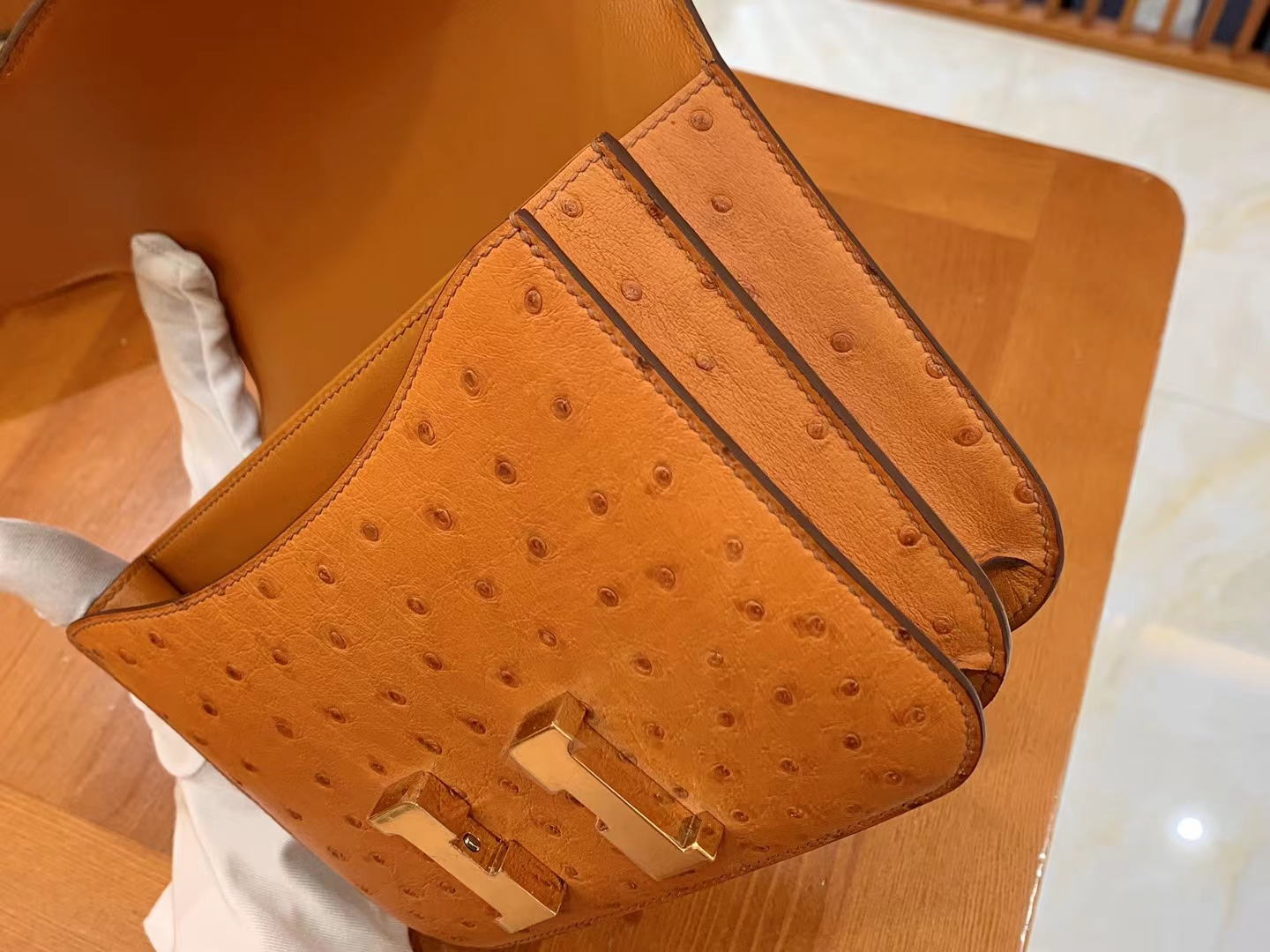 HERMES 爱马仕 Constance 空姐包 19cm 南非KK鸵鸟皮 Ostrich 93 Orange 橙色 进口蜜蜡线 全手工制作