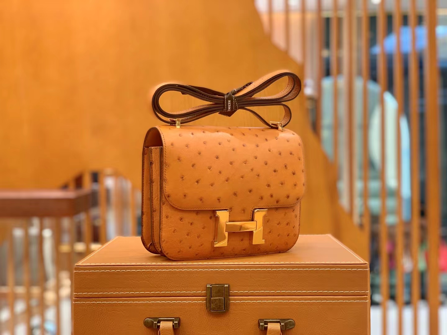 HERMES 爱马仕 Constance 空姐包 19cm 南非KK鸵鸟皮 Ostrich 93 Orange 橙色 进口蜜蜡线 全手工制作