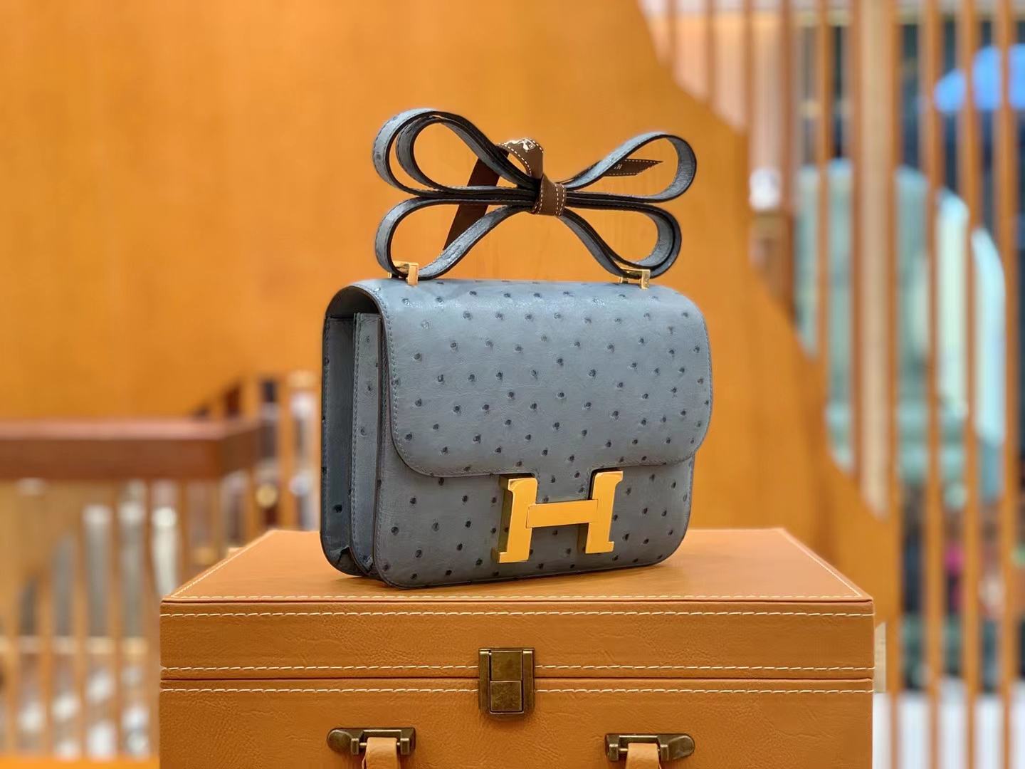 HERMES 爱马仕 Constance 空姐包 19cm 南非KK鸵鸟皮 Ostrich 75 Blue Jean牛仔蓝 进口蜜蜡线 全手工制作