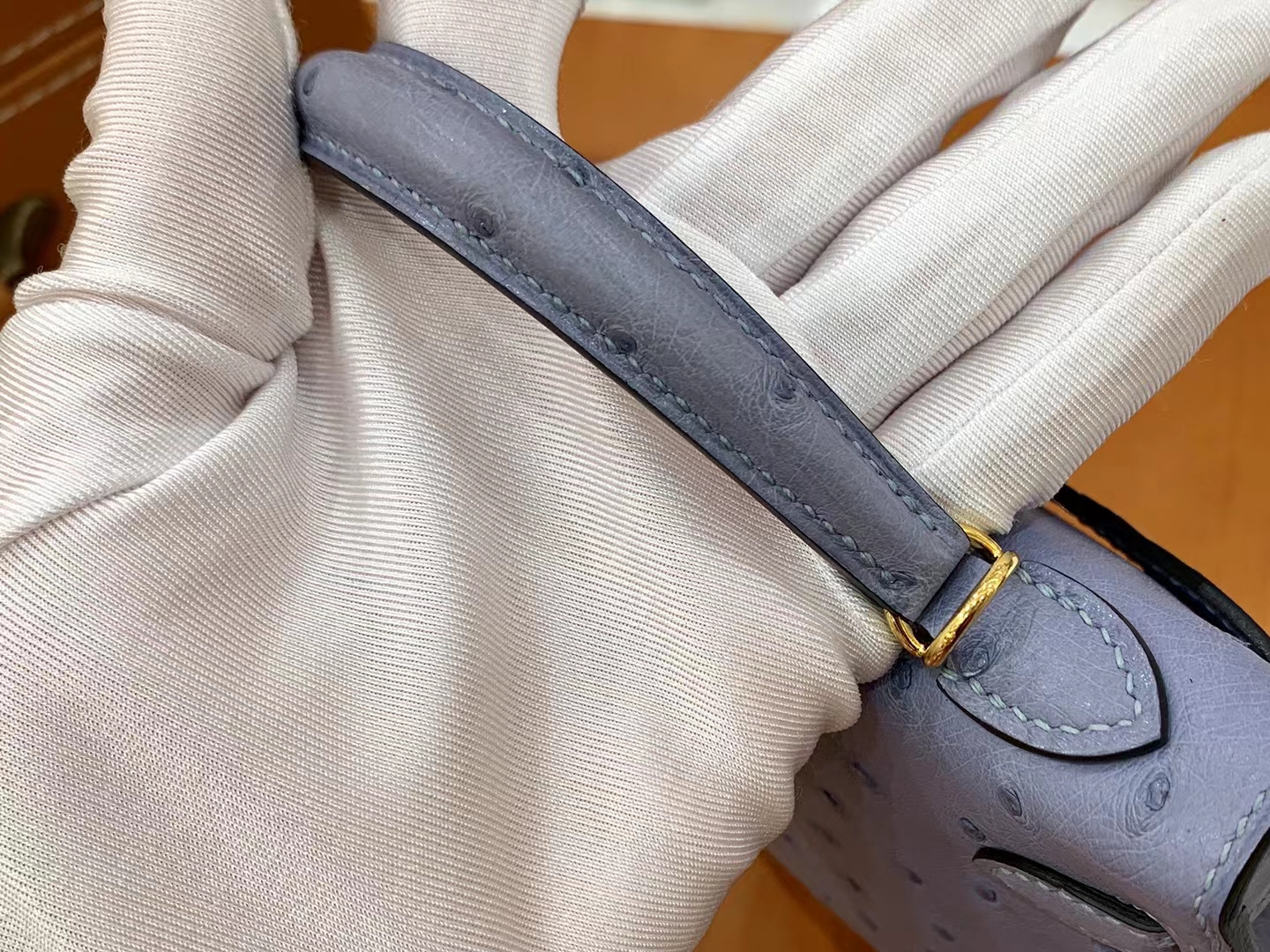 HERMES 爱马仕 Mini kelly 二代 南非KK级鸵鸟皮 Ostrich 8U Bleu Glacler 冰川蓝 进口蜜蜡线 全手工制作