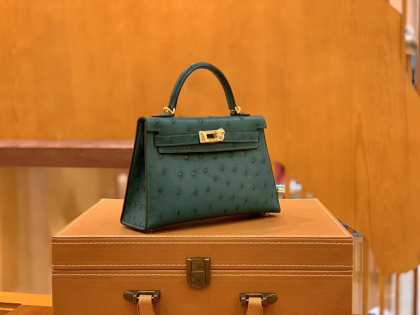 HERMES 爱马仕 Mini kelly 二代 南非KK级鸵鸟皮 Ostrich 67 Vert Fonce 祖母绿 进口蜜蜡线 全手工制作