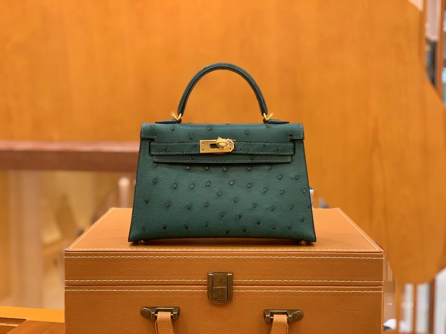 HERMES 爱马仕 Mini kelly 二代 南非KK级鸵鸟皮 Ostrich 67 Vert Fonce 祖母绿 进口蜜蜡线 全手工制作