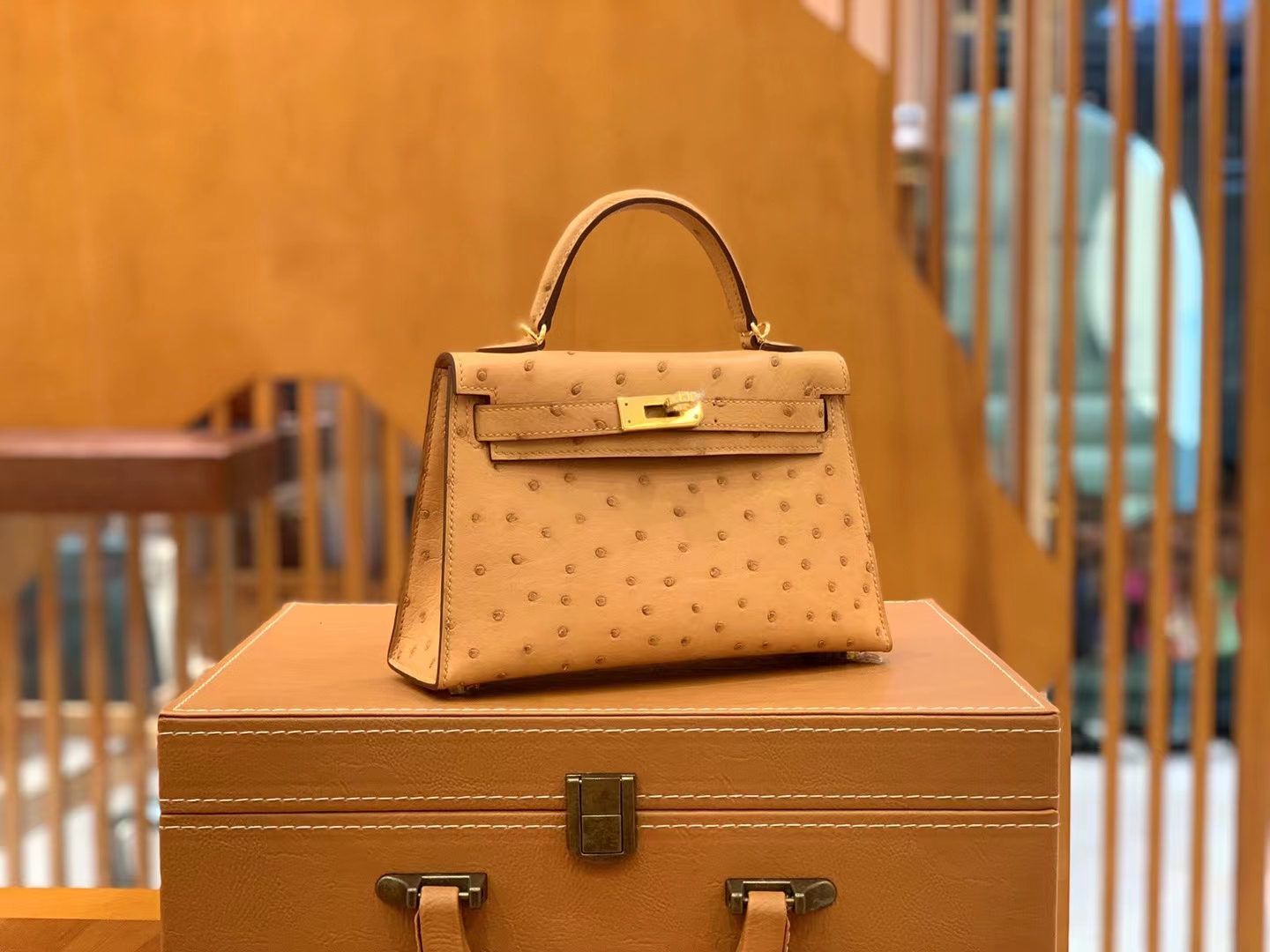 HERMES 爱马仕 Mini kelly 二代 南非KK级鸵鸟皮 Ostrich CK37 金棕色 太妃金 进口蜜蜡线 全手工制作