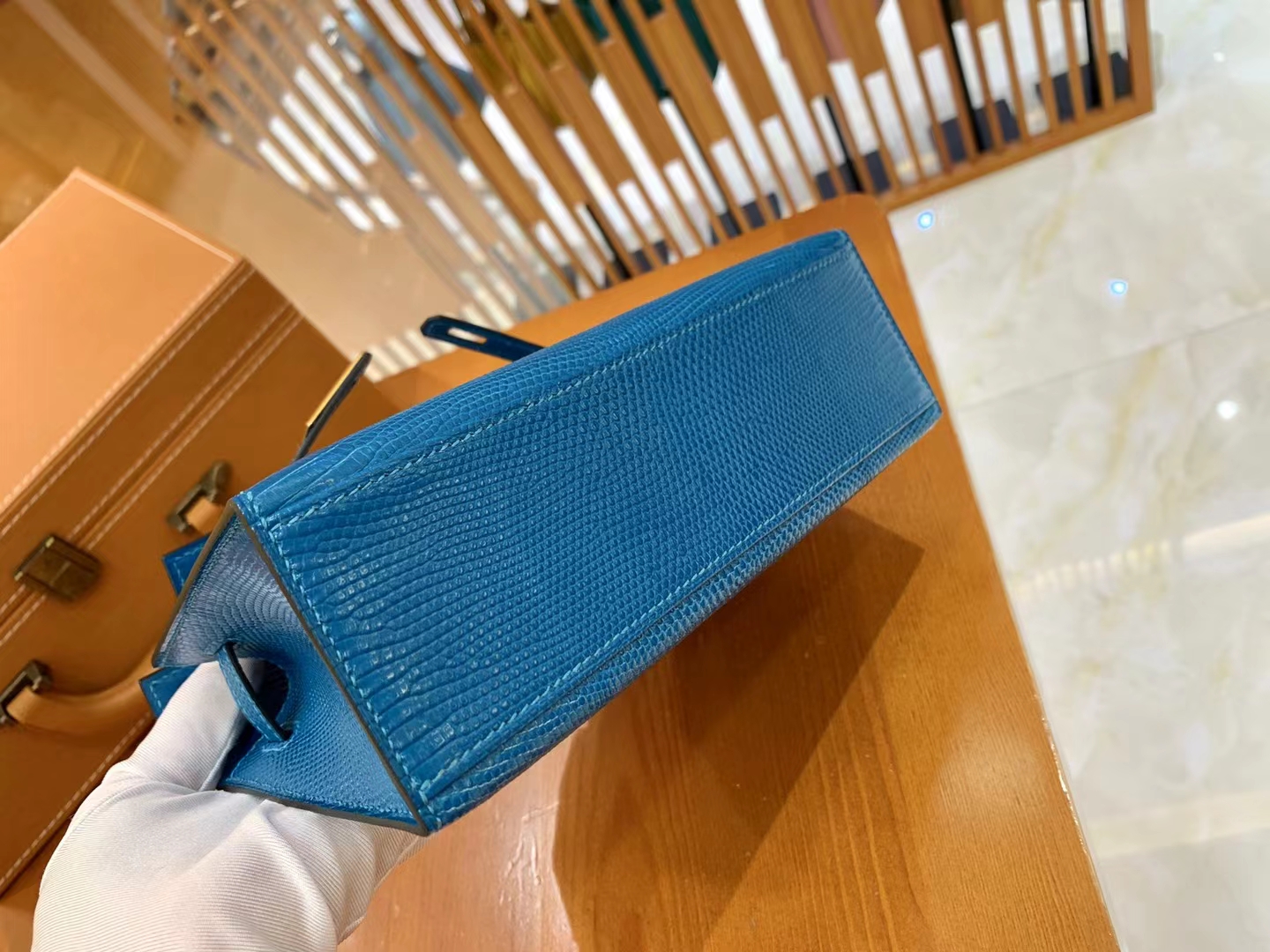HERMES 爱马仕 Mini kelly 一代 Kelly Pochette 南非野生巨蜥 7W Bleu Izmir 伊兹密尔蓝 进口蜜蜡线 全手工制作