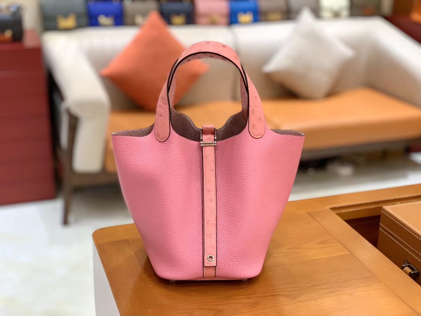HERMES 爱马仕 Picotin 18cm 3Q 樱花粉 银扣 进口鸵鸟皮拼TC大牛皮 进口蜜蜡线 全手工制作