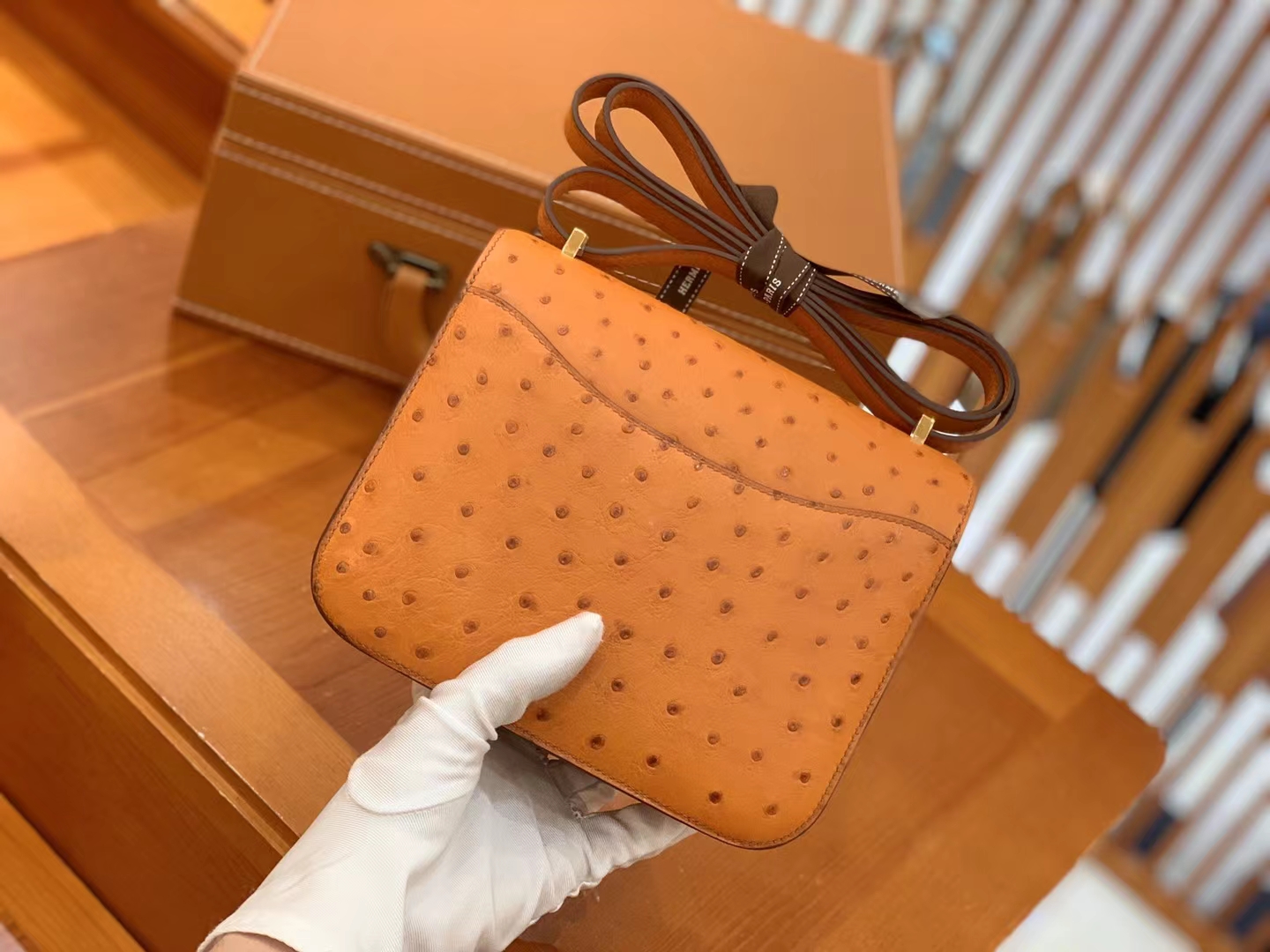 HERMES 爱马仕 Constance 空姐包 19cm 南非KK鸵鸟皮 Ostrich 93 Orange 橙色 进口蜜蜡线 全手工制作