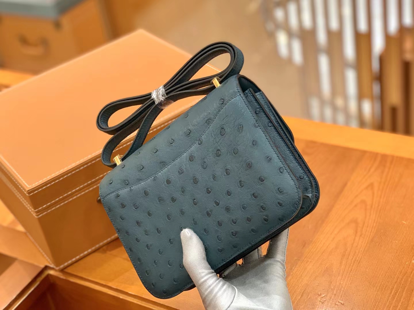 HERMES 爱马仕 Constance 空姐包 19cm 南非KK鸵鸟皮 Ostrich W0博斯普鲁斯海峡绿 进口蜜蜡线 全手工制作