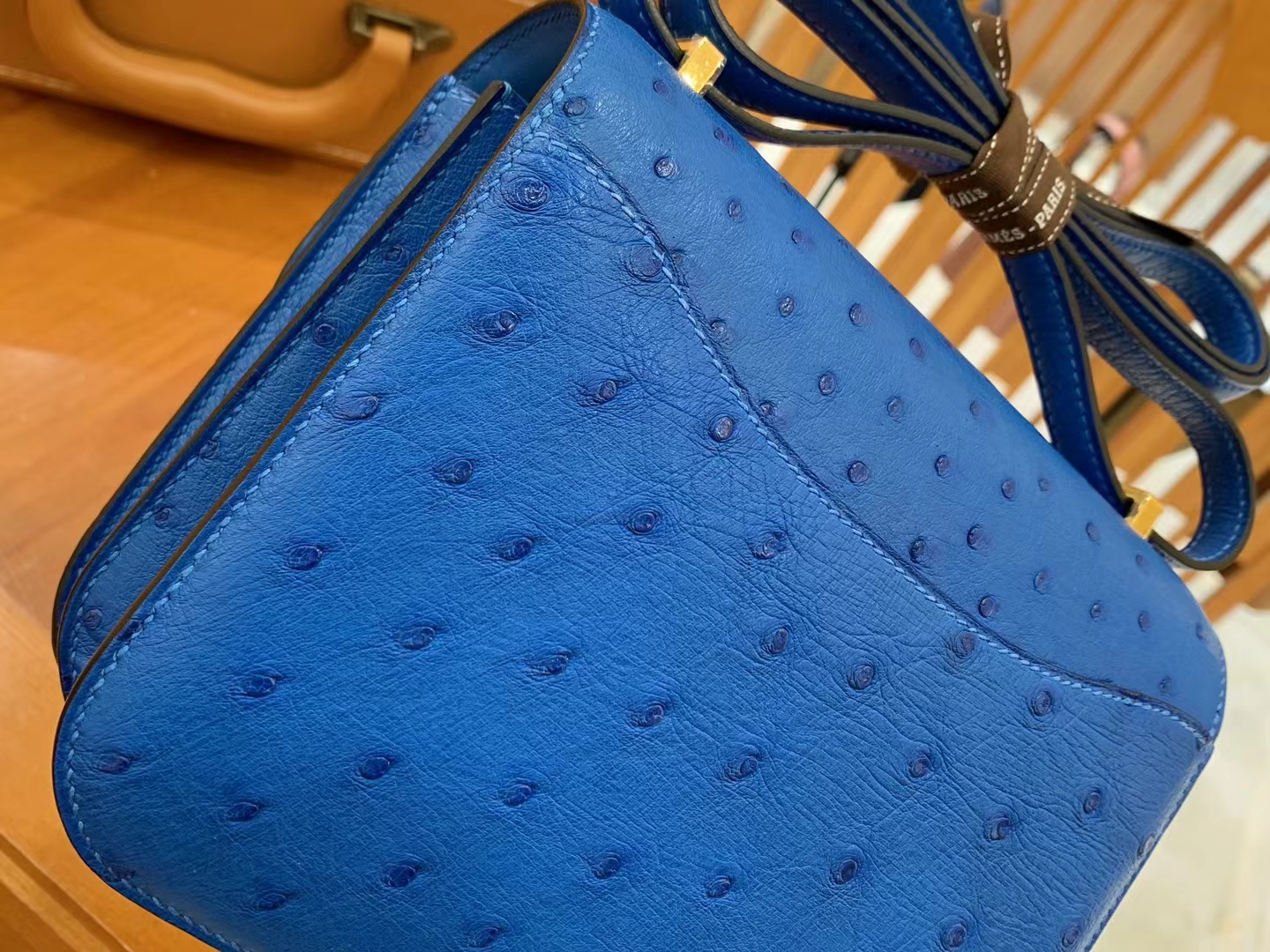 HERMES 爱马仕 Constance 空姐包 19cm 南非KK鸵鸟皮 Ostrich T7 Bleu Hydra水妖蓝 进口蜜蜡线 全手工制作