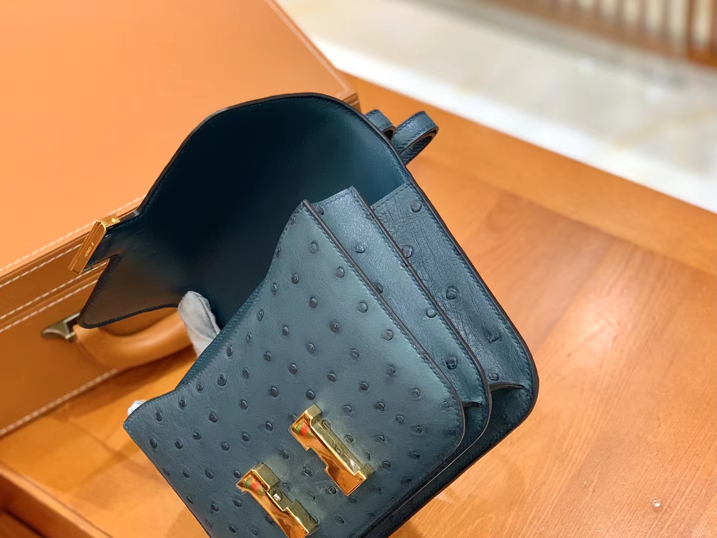 HERMES 爱马仕 Constance 空姐包 19cm 南非KK鸵鸟皮 Ostrich W0博斯普鲁斯海峡绿 进口蜜蜡线 全手工制作