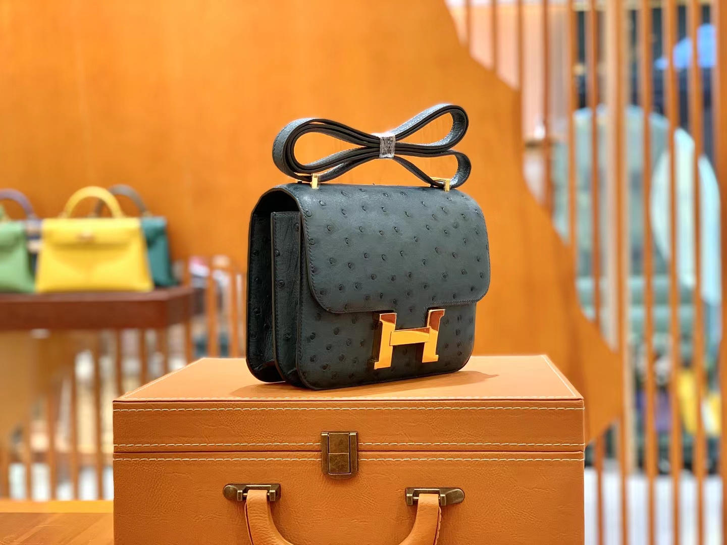 HERMES 爱马仕 Constance 空姐包 19cm 南非KK鸵鸟皮 Ostrich W0博斯普鲁斯海峡绿 进口蜜蜡线 全手工制作