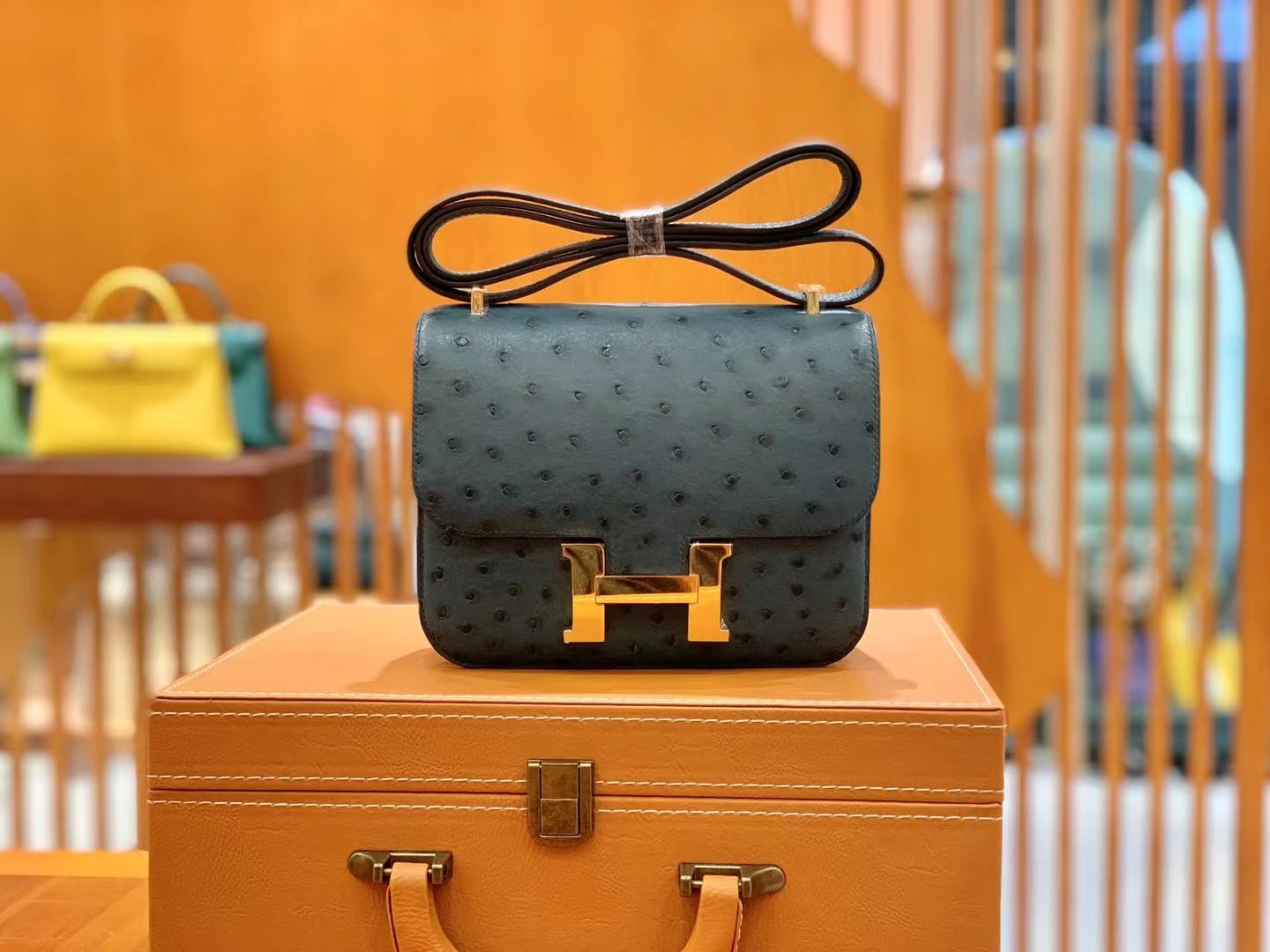 HERMES 爱马仕 Constance 空姐包 19cm 南非KK鸵鸟皮 Ostrich W0博斯普鲁斯海峡绿 进口蜜蜡线 全手工制作