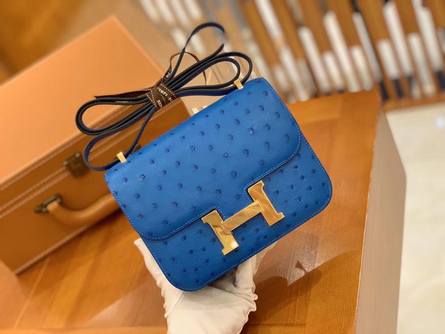 HERMES 爱马仕 Constance 空姐包 19cm 南非KK鸵鸟皮 Ostrich T7 Bleu Hydra水妖蓝 进口蜜蜡线 全手工制作