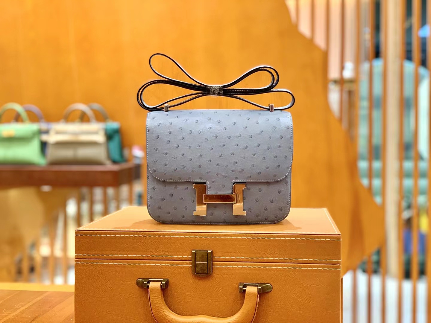 HERMES 爱马仕 Constance 空姐包 19cm 南非KK鸵鸟皮 Ostrich 8U Bleu Glacler 冰川蓝 进口蜜蜡线 全手工制作