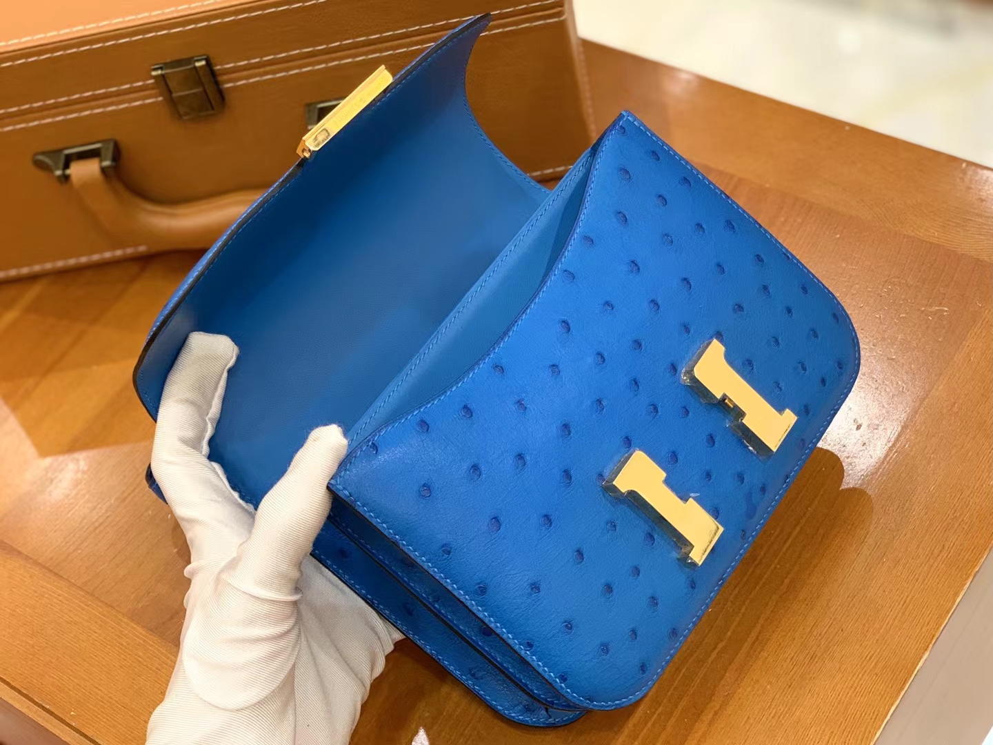 HERMES 爱马仕 Constance 空姐包 19cm 南非KK鸵鸟皮 Ostrich T7 Bleu Hydra水妖蓝 进口蜜蜡线 全手工制作