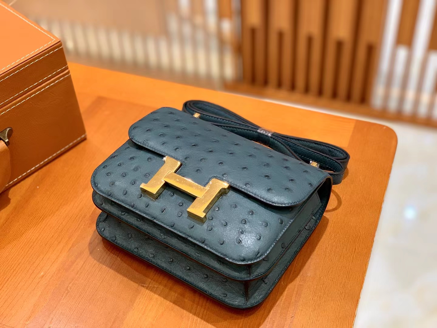HERMES 爱马仕 Constance 空姐包 19cm 南非KK鸵鸟皮 Ostrich W0博斯普鲁斯海峡绿 进口蜜蜡线 全手工制作