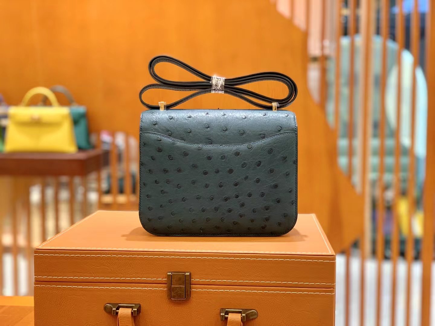HERMES 爱马仕 Constance 空姐包 19cm 南非KK鸵鸟皮 Ostrich W0博斯普鲁斯海峡绿 进口蜜蜡线 全手工制作