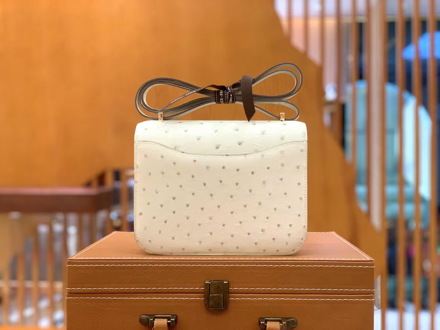 HERMES 爱马仕 Constance 空姐包 19cm 南非KK鸵鸟皮 Ostrich 3C Parchmin羊毛白 进口蜜蜡线 全手工制作