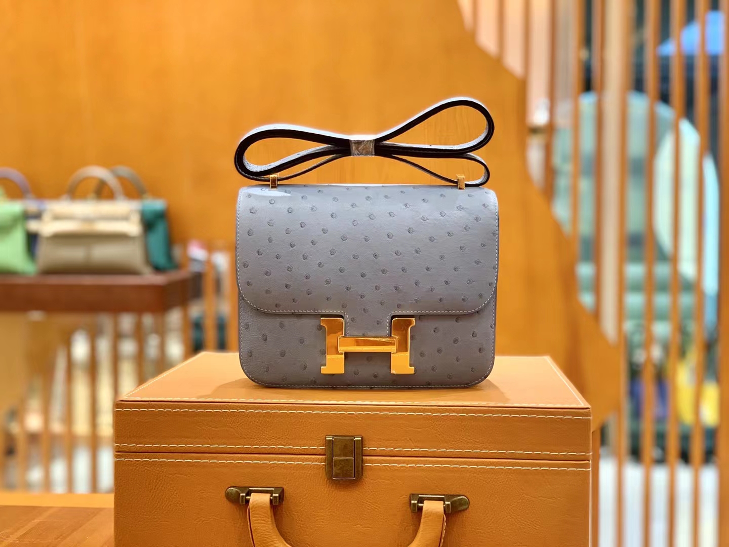 HERMES 爱马仕 Constance 空姐包 19cm 南非KK鸵鸟皮 Ostrich 8U Bleu Glacler 冰川蓝 进口蜜蜡线 全手工制作
