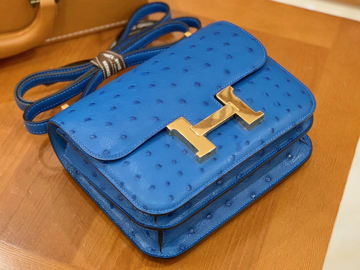 HERMES 爱马仕 Constance 空姐包 19cm 南非KK鸵鸟皮 Ostrich T7 Bleu Hydra水妖蓝 进口蜜蜡线 全手工制作