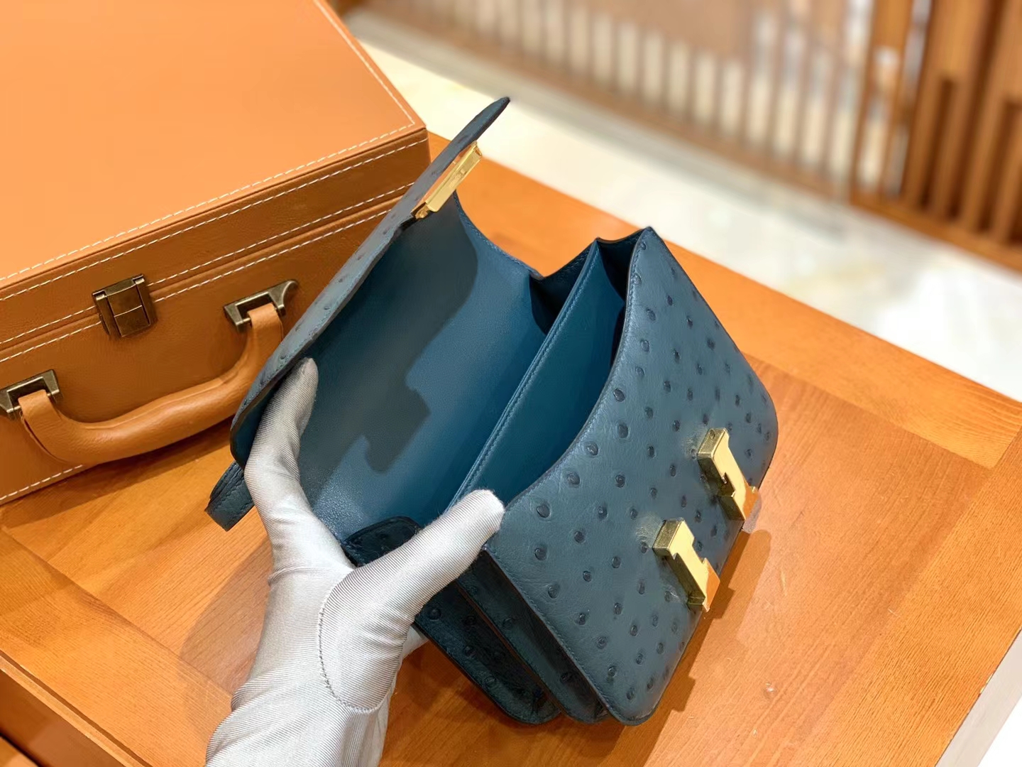 HERMES 爱马仕 Constance 空姐包 19cm 南非KK鸵鸟皮 Ostrich W0博斯普鲁斯海峡绿 进口蜜蜡线 全手工制作