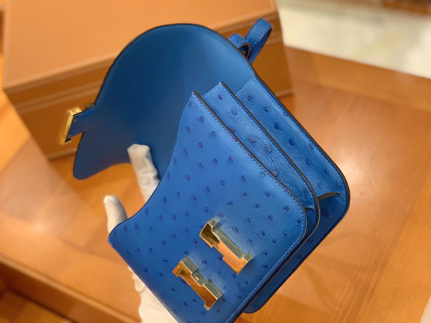 HERMES 爱马仕 Constance 空姐包 19cm 南非KK鸵鸟皮 Ostrich T7 Bleu Hydra水妖蓝 进口蜜蜡线 全手工制作