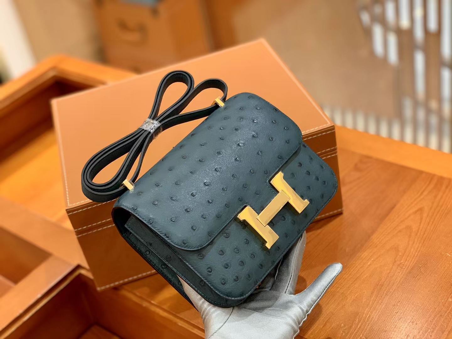 HERMES 爱马仕 Constance 空姐包 19cm 南非KK鸵鸟皮 Ostrich W0博斯普鲁斯海峡绿 进口蜜蜡线 全手工制作