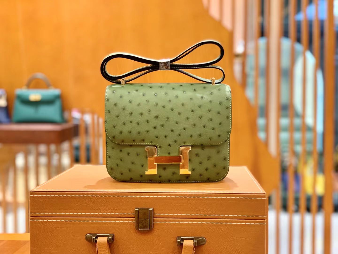 HERMES 爱马仕 Constance 空姐包 19cm 南非KK鸵鸟皮 Ostrich 3i 牛油果绿 进口蜜蜡线 全手工制作