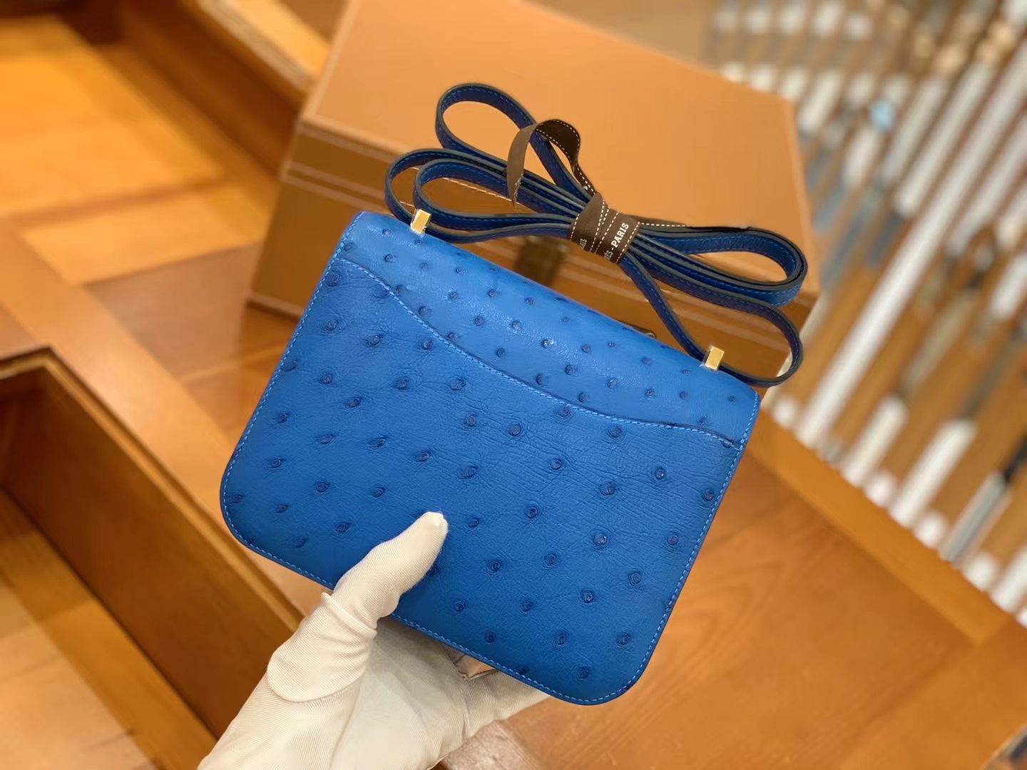 HERMES 爱马仕 Constance 空姐包 19cm 南非KK鸵鸟皮 Ostrich T7 Bleu Hydra水妖蓝 进口蜜蜡线 全手工制作