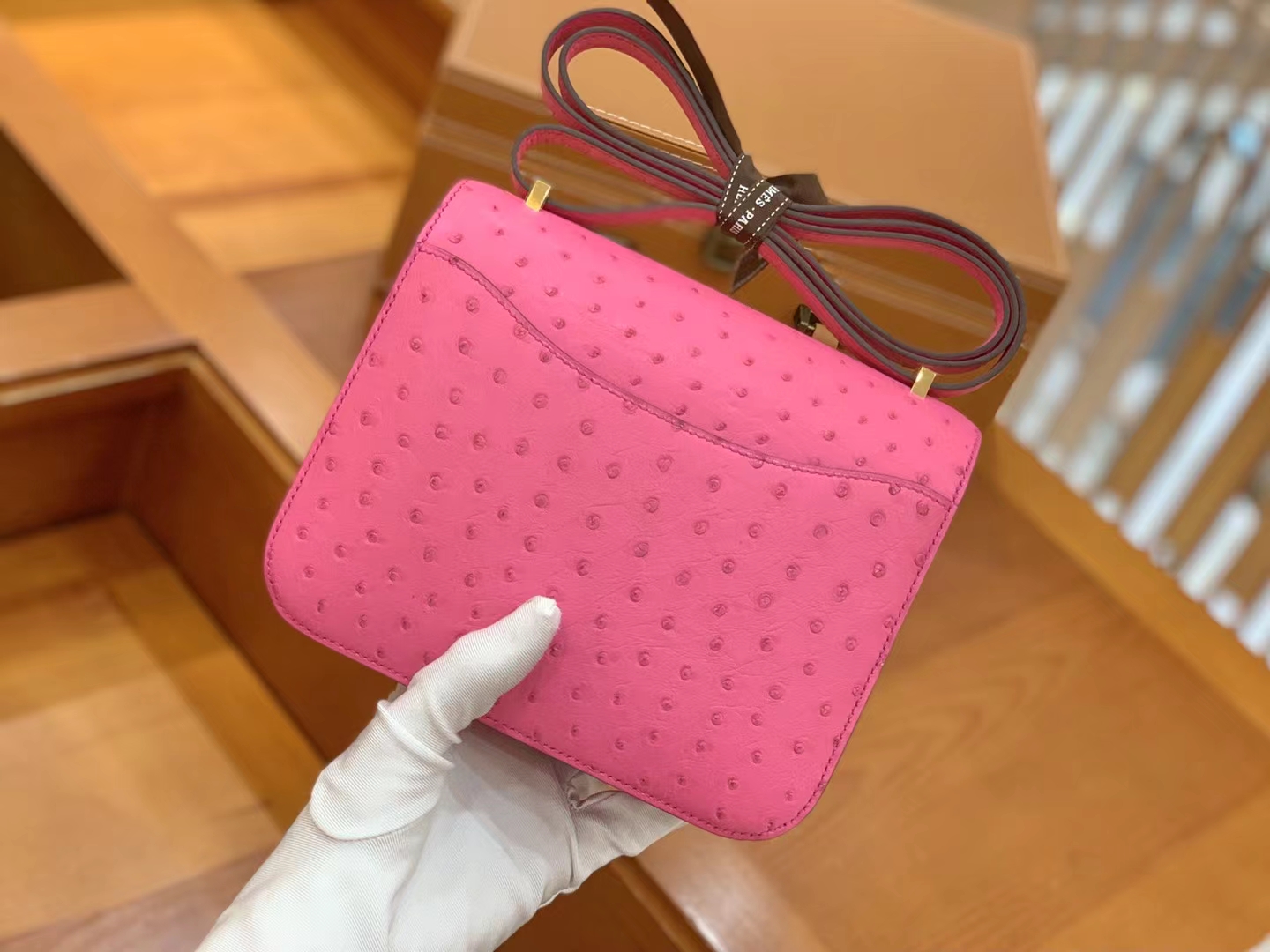 HERMES 爱马仕 Constance 空姐包 19cm 南非KK鸵鸟皮 Ostrich 5J桃红色 进口蜜蜡线 全手工制作