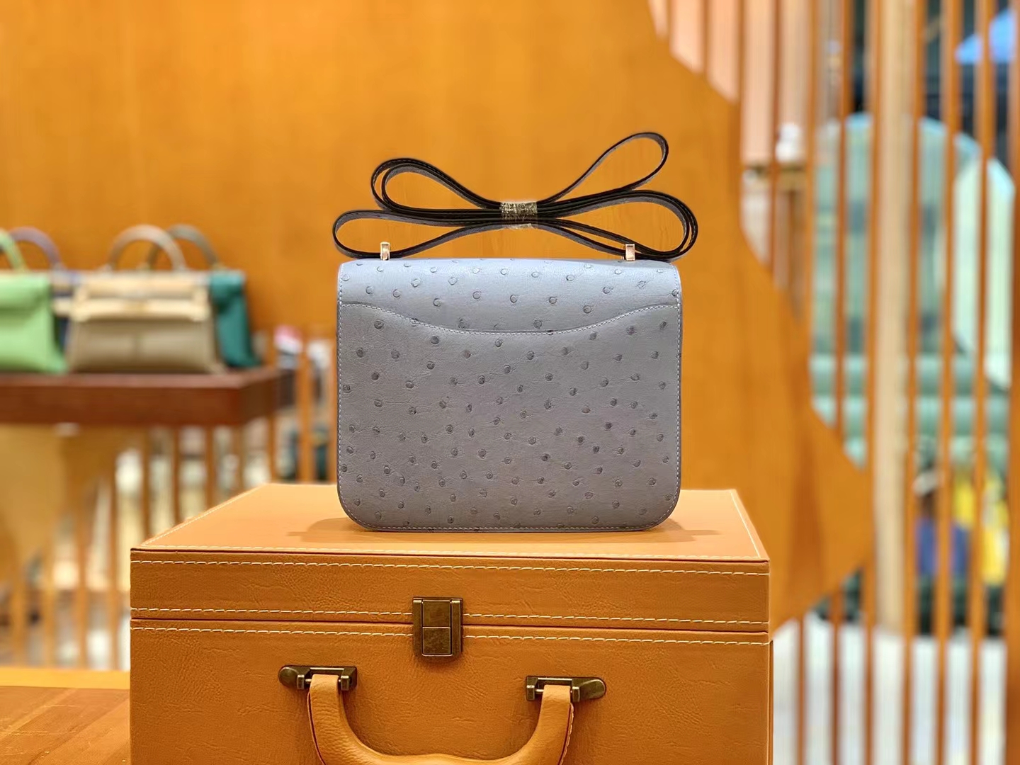 HERMES 爱马仕 Constance 空姐包 19cm 南非KK鸵鸟皮 Ostrich 8U Bleu Glacler 冰川蓝 进口蜜蜡线 全手工制作
