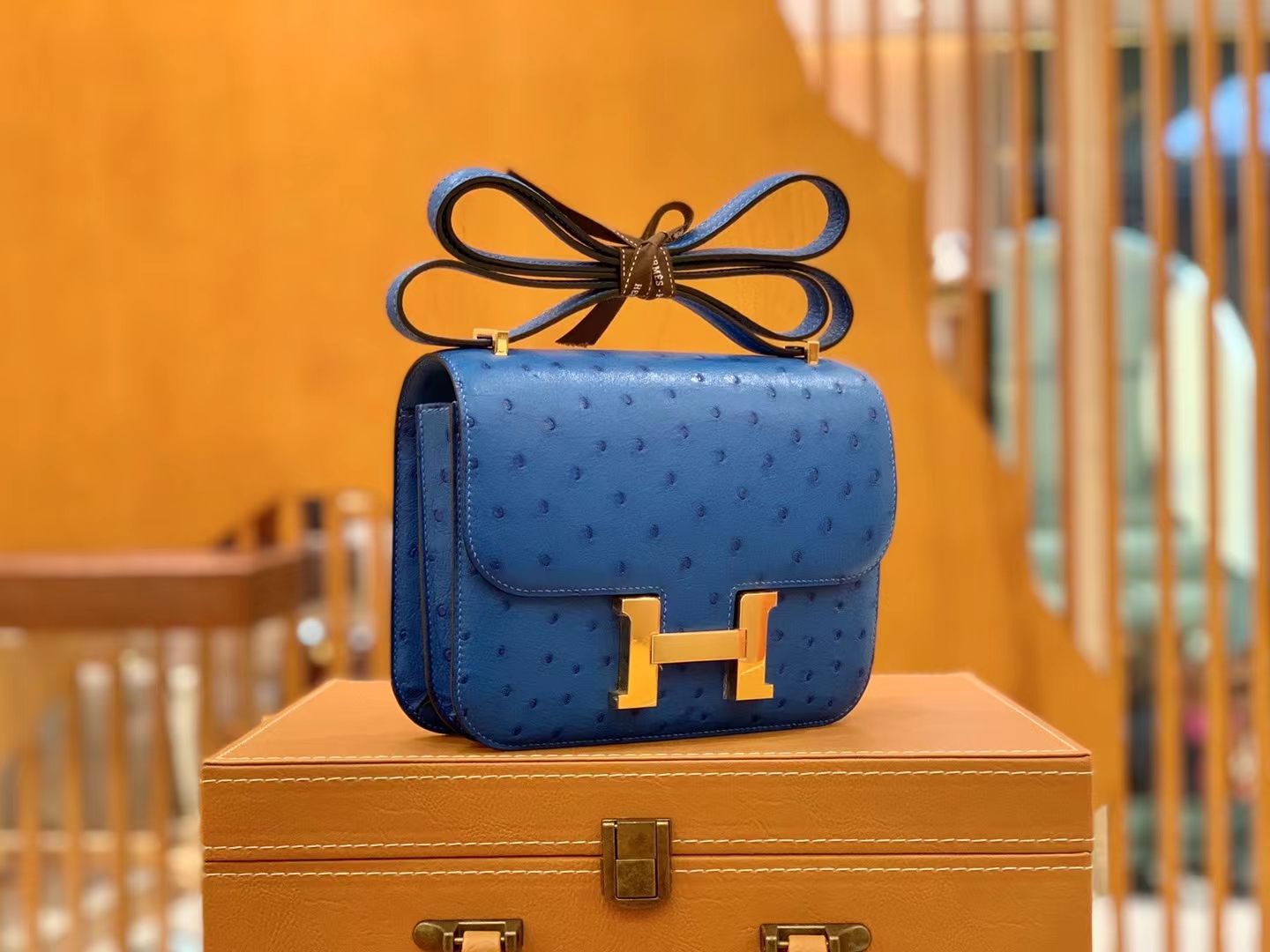 HERMES 爱马仕 Constance 空姐包 19cm 南非KK鸵鸟皮 Ostrich T7 Bleu Hydra水妖蓝 进口蜜蜡线 全手工制作