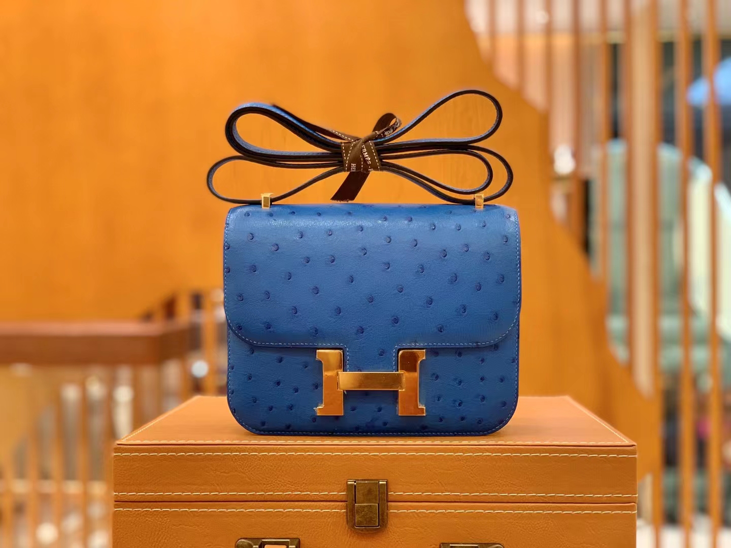 HERMES 爱马仕 Constance 空姐包 19cm 南非KK鸵鸟皮 Ostrich T7 Bleu Hydra水妖蓝 进口蜜蜡线 全手工制作