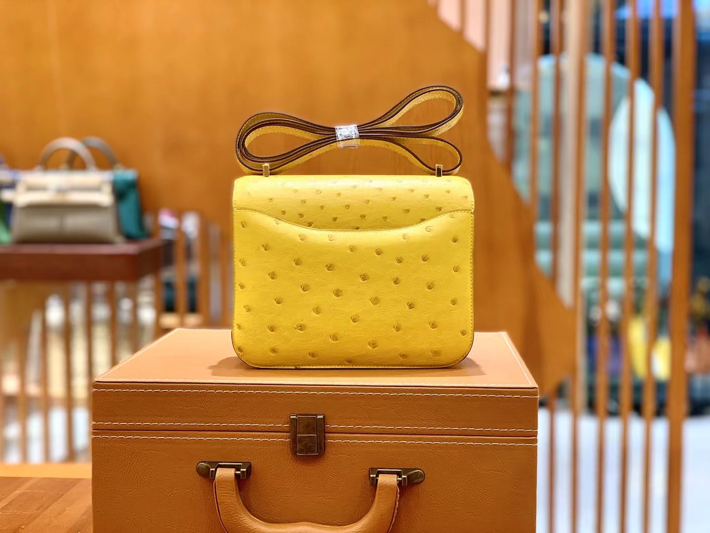 HERMES 爱马仕 Constance 空姐包 19cm 南非KK鸵鸟皮 Ostrich 9N Citron柠檬黄 进口蜜蜡线 全手工制作